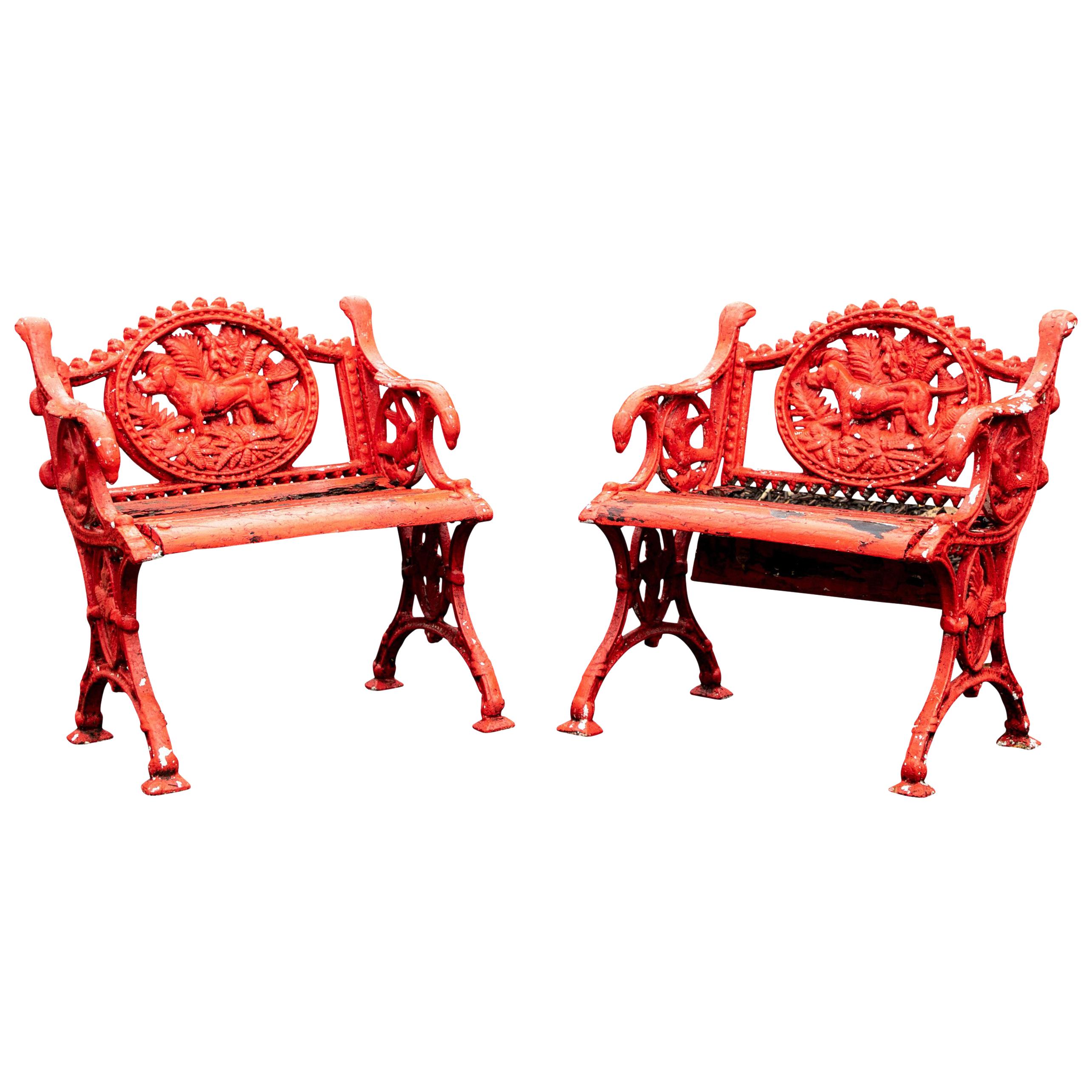 Pair of Antique Garden Armchairs in Red Paint