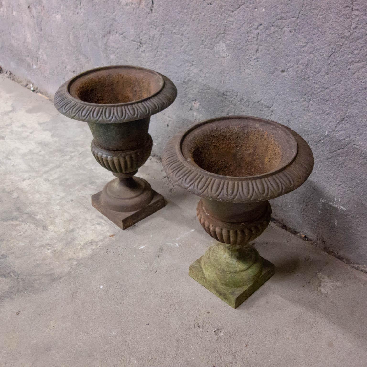 French Pair of Antique Garden Vases, Cast Iron For Sale