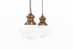 Pair of Antique GEC Church Opaline Glass Pendant Lamp Light, c.1910