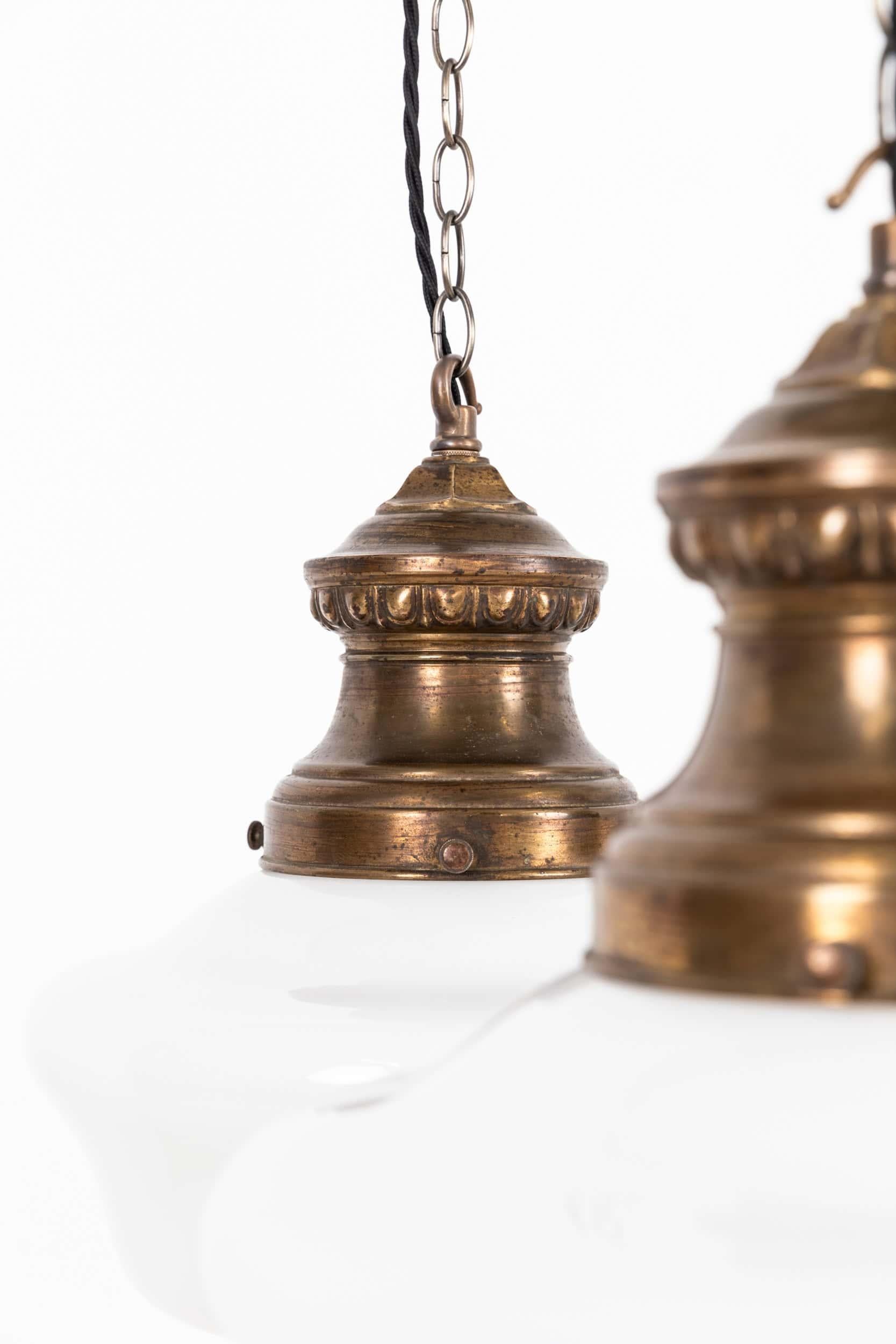 Edwardian Pair of Antique GEC Church Opaline Glass Pendant Lamp Light, c.1910 For Sale