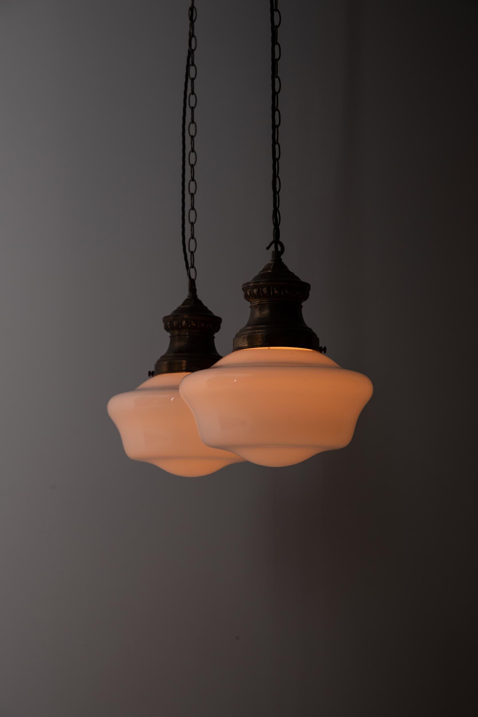 20th Century Pair of Antique GEC Church Opaline Glass Pendant Lamp Light, c.1910 For Sale