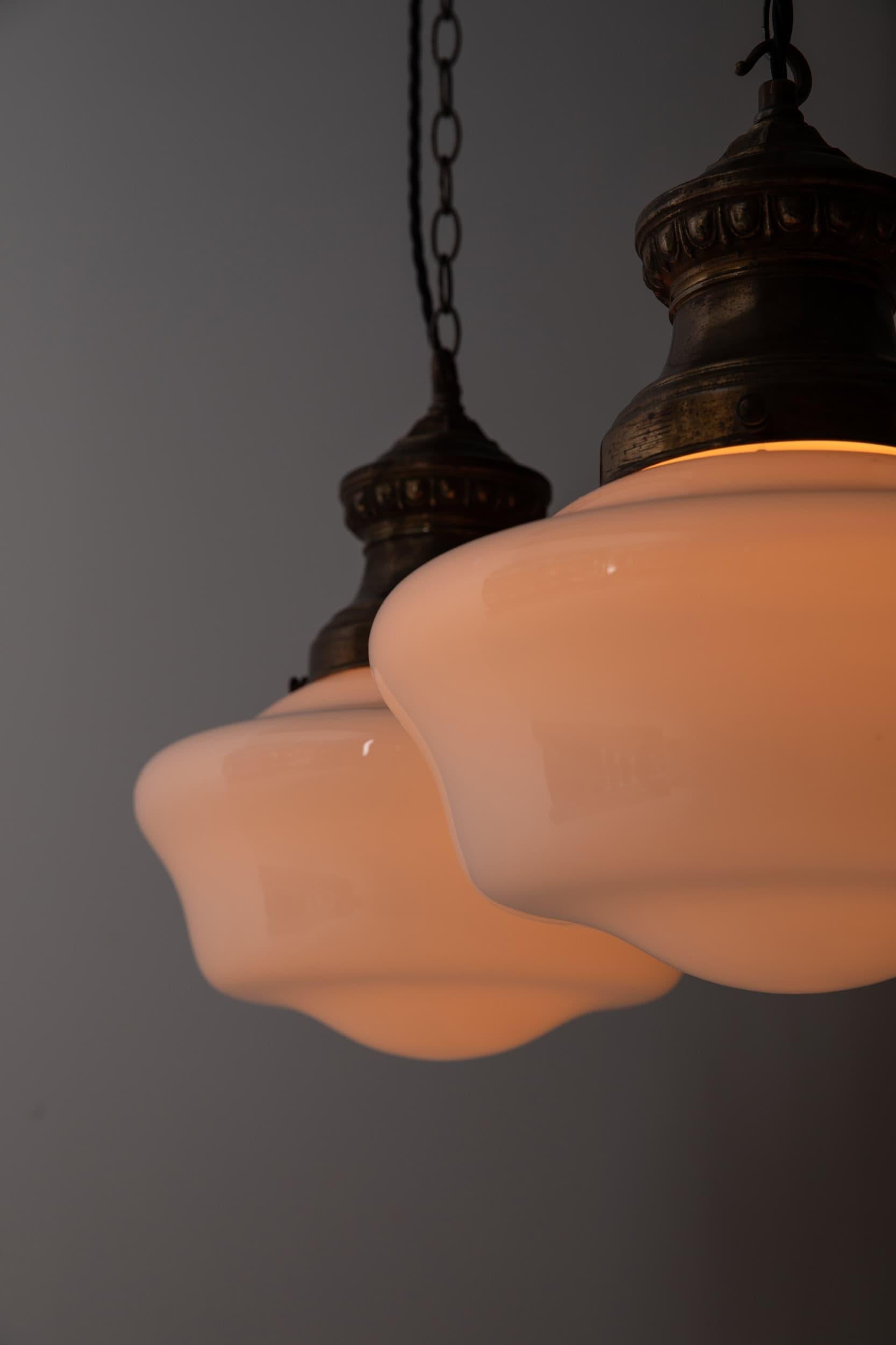Metal Pair of Antique GEC Church Opaline Glass Pendant Lamp Light, c.1910 For Sale