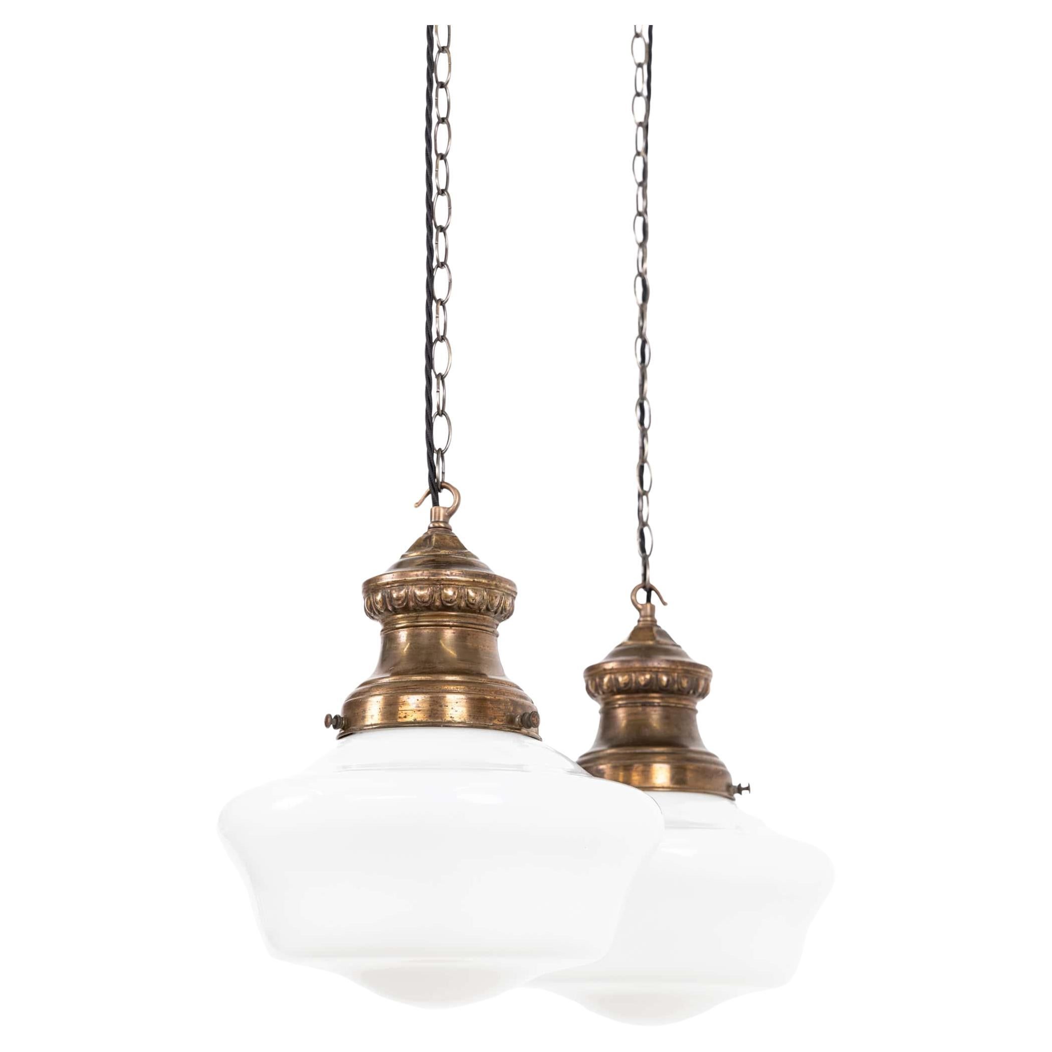Pair of Antique GEC Church Opaline Glass Pendant Lamp Light, c.1910 For Sale