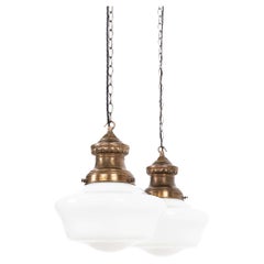 Pair of Antique GEC Church Opaline Glass Pendant Lamp Light, c.1910