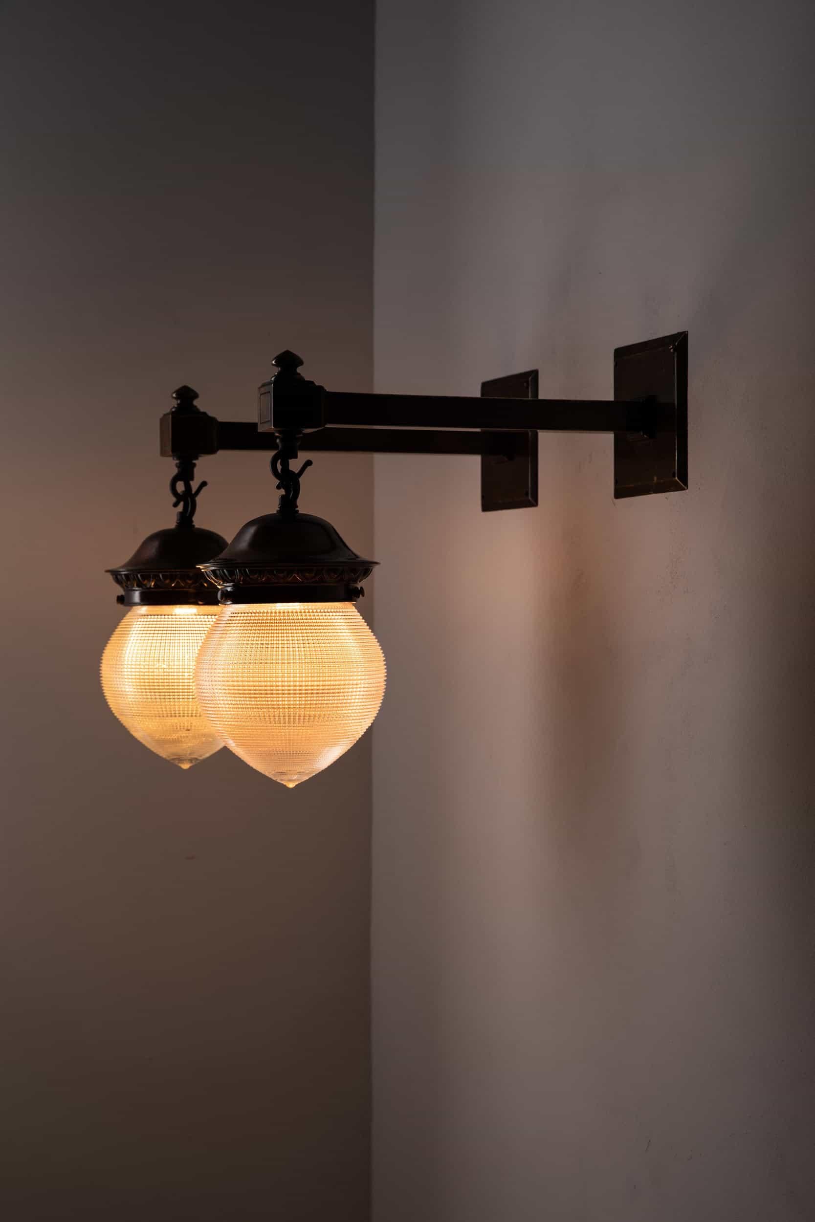Art Deco Pair of Antique GEC / Holophane Prismatic Glass and Brass Wall Lamps, c.1920 For Sale