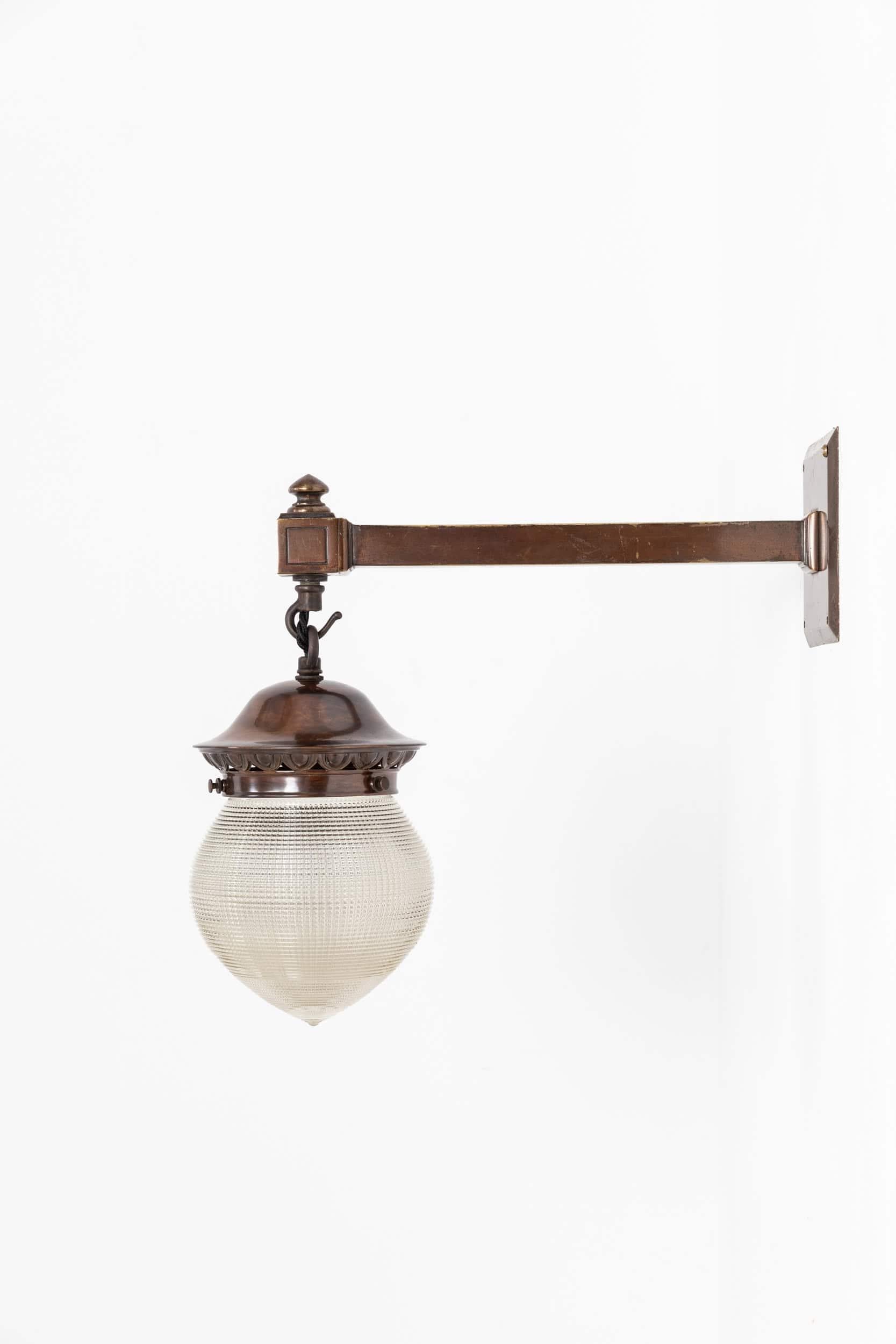 English Pair of Antique GEC / Holophane Prismatic Glass and Brass Wall Lamps, c.1920 For Sale