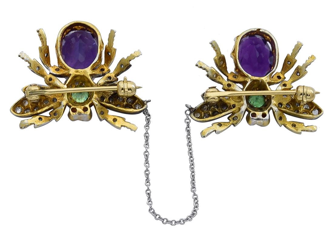Rose Cut Pair of Antique Gemset Gold and Sterling Bee Pins