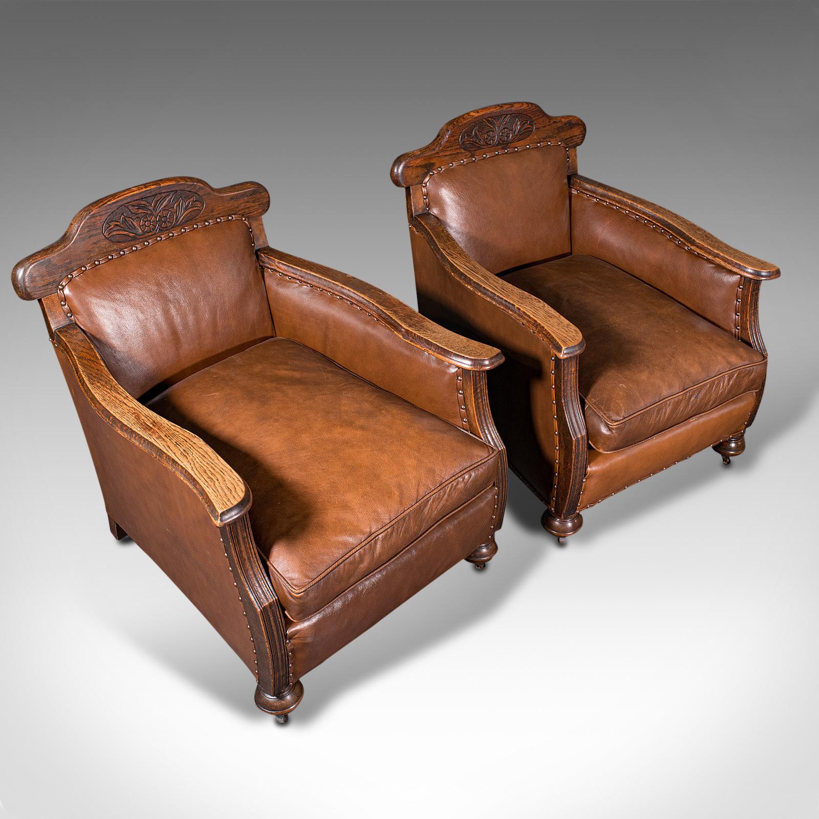 Pair of, Antique Gentleman's Club Chairs, Leather, Fireside, Seat, Edwardian 1