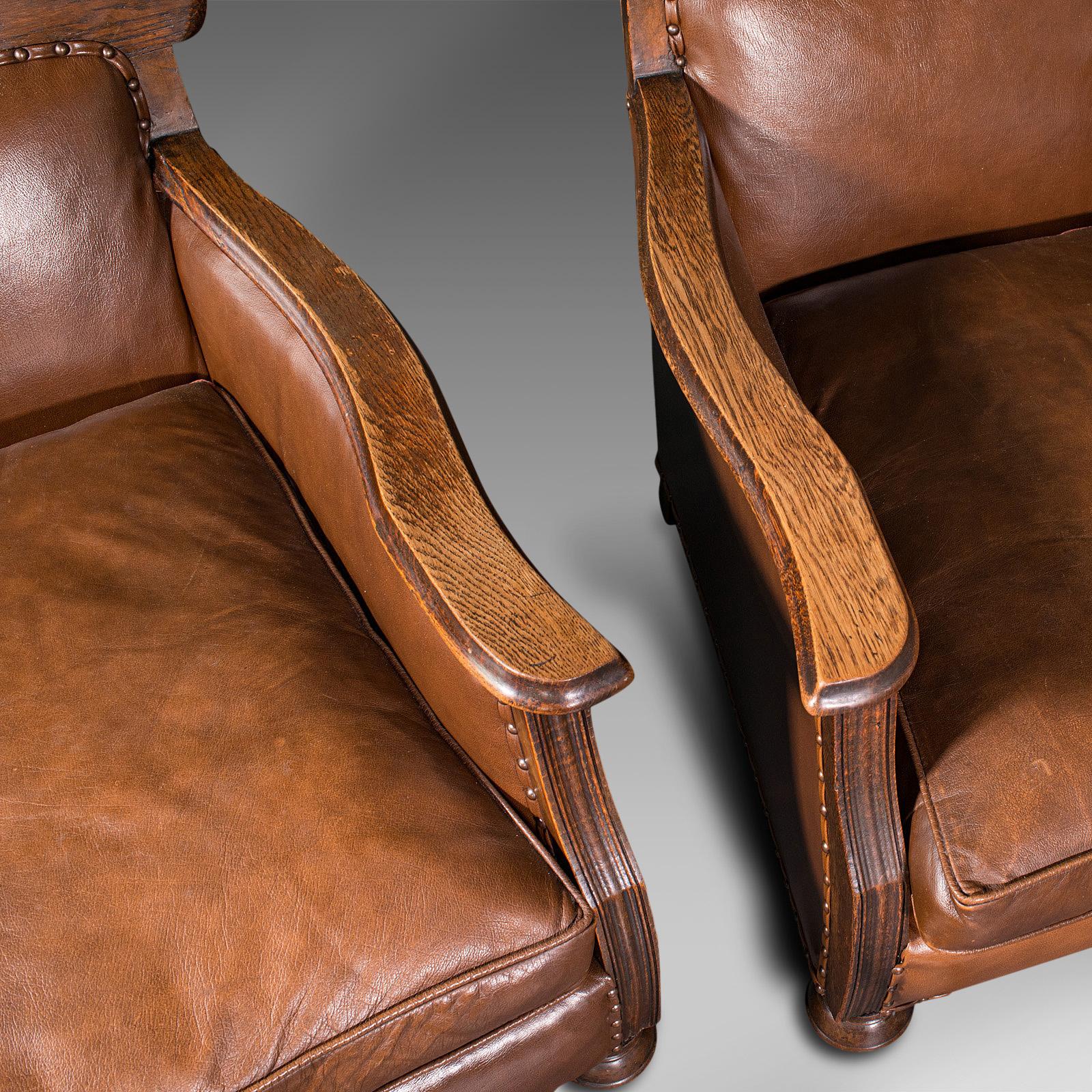 Pair of, Antique Gentleman's Club Chairs, Leather, Fireside, Seat, Edwardian 2