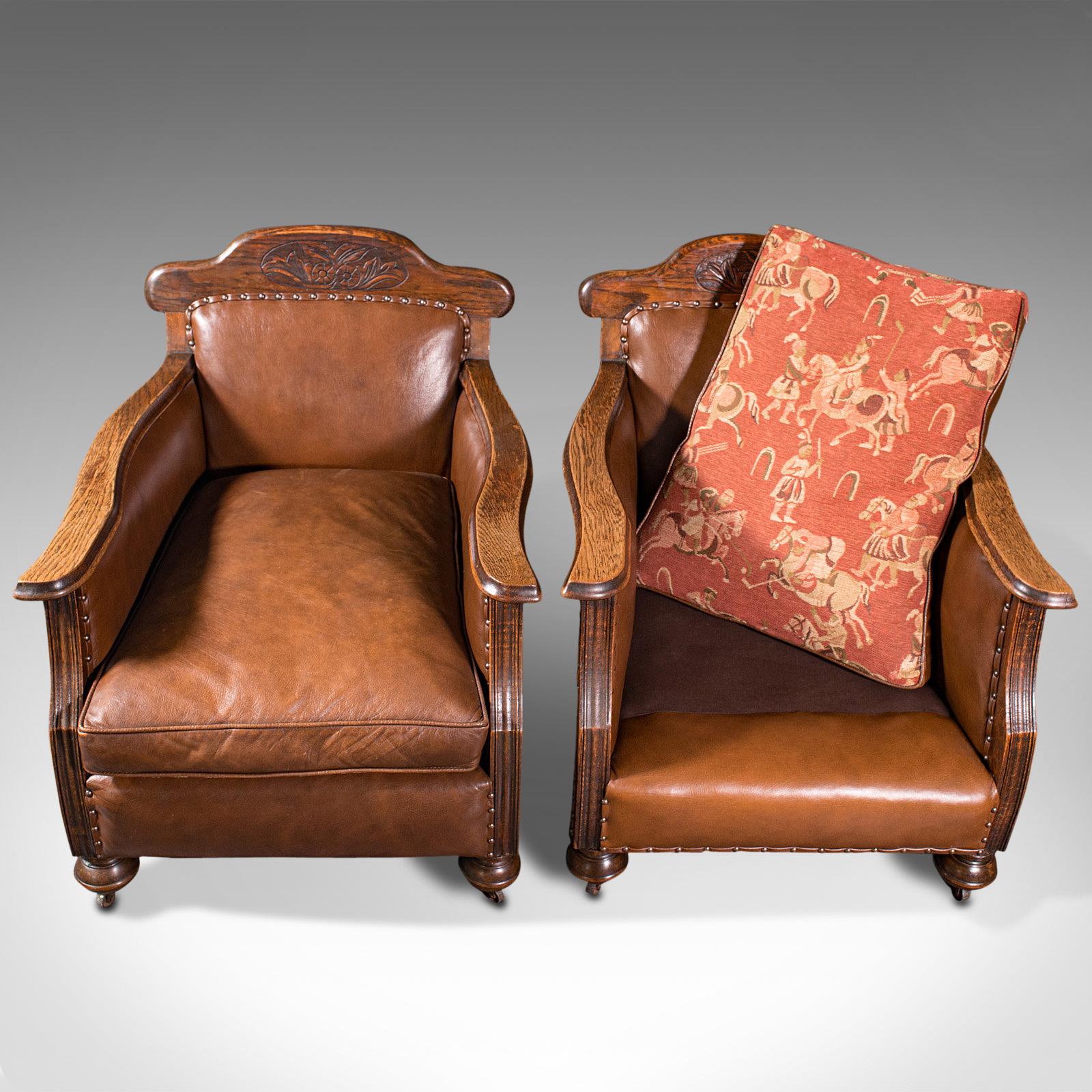 Pair of, Antique Gentleman's Club Chairs, Leather, Fireside, Seat, Edwardian 3