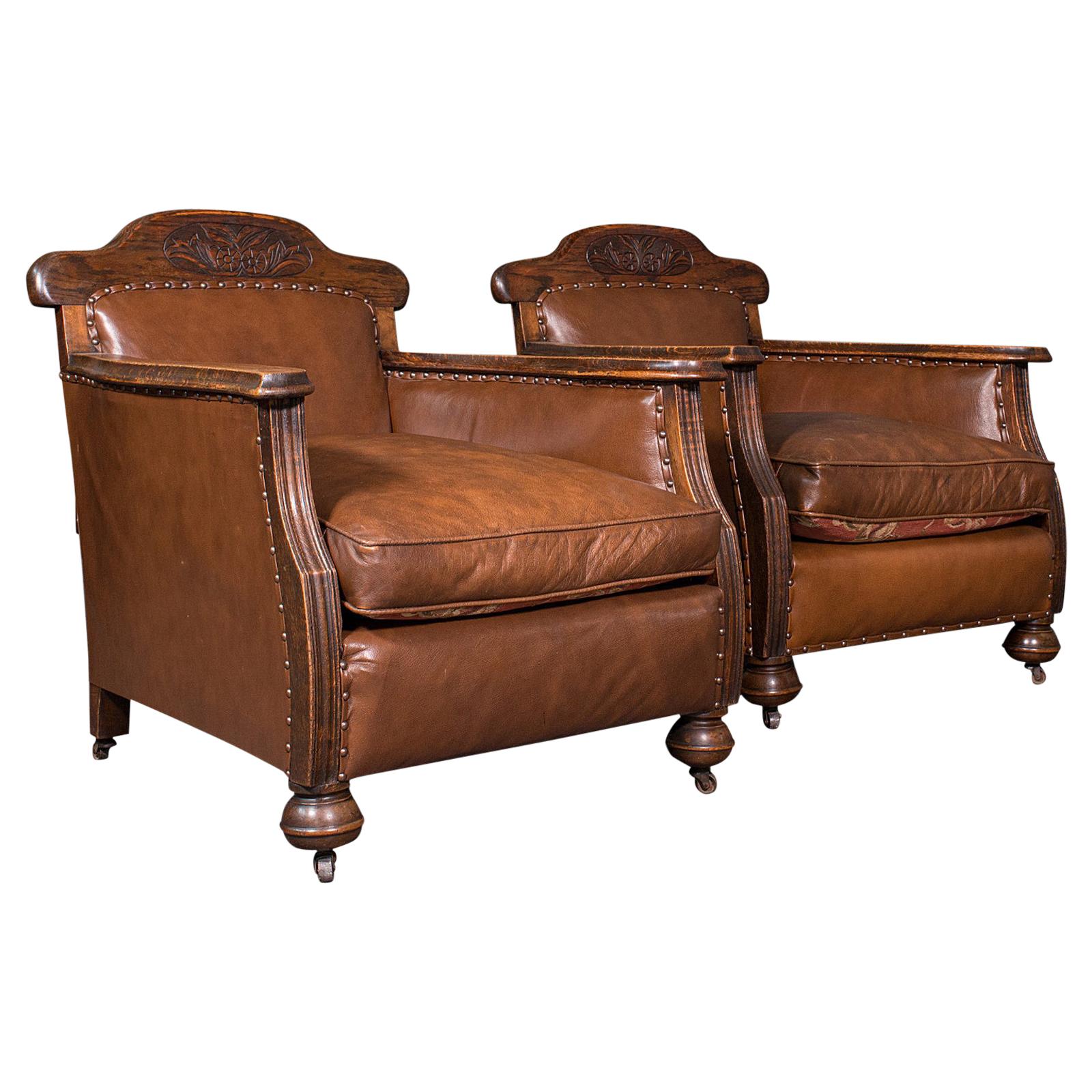 Pair of, Antique Gentleman's Club Chairs, Leather, Fireside, Seat, Edwardian