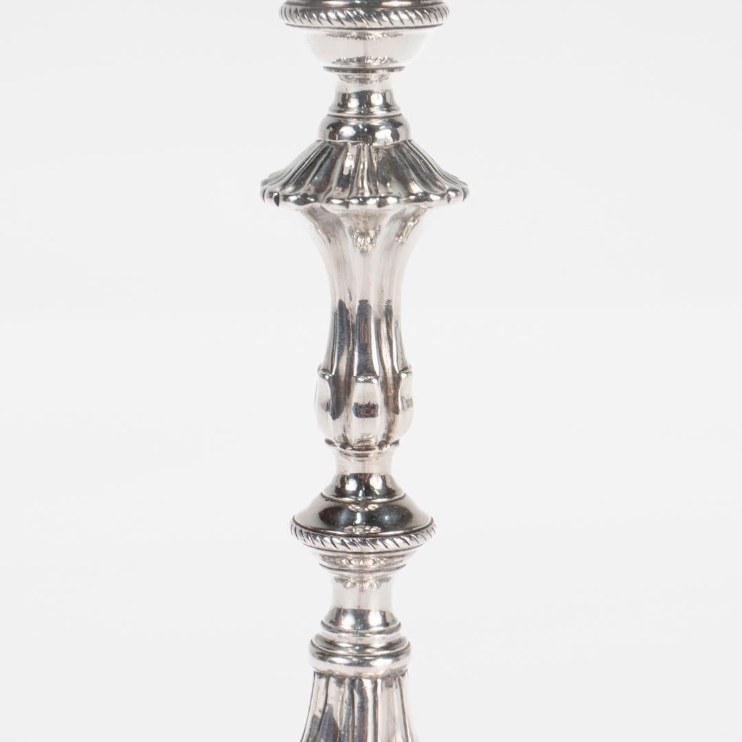 Pair of Antique George II Sterling Silver Taper Candlesticks by Ebenezer Coker For Sale 6