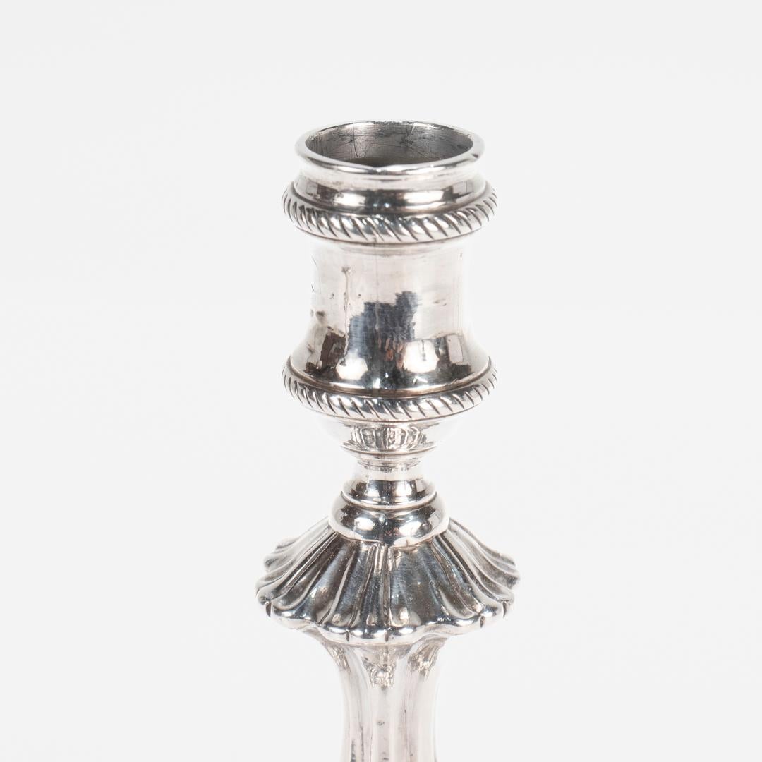 Pair of Antique George II Sterling Silver Taper Candlesticks by Ebenezer Coker For Sale 11