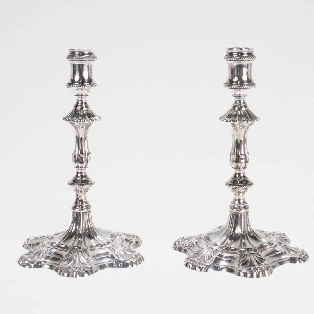 Pair of Antique George II Sterling Silver Taper Candlesticks by Ebenezer Coker In Good Condition For Sale In Philadelphia, PA