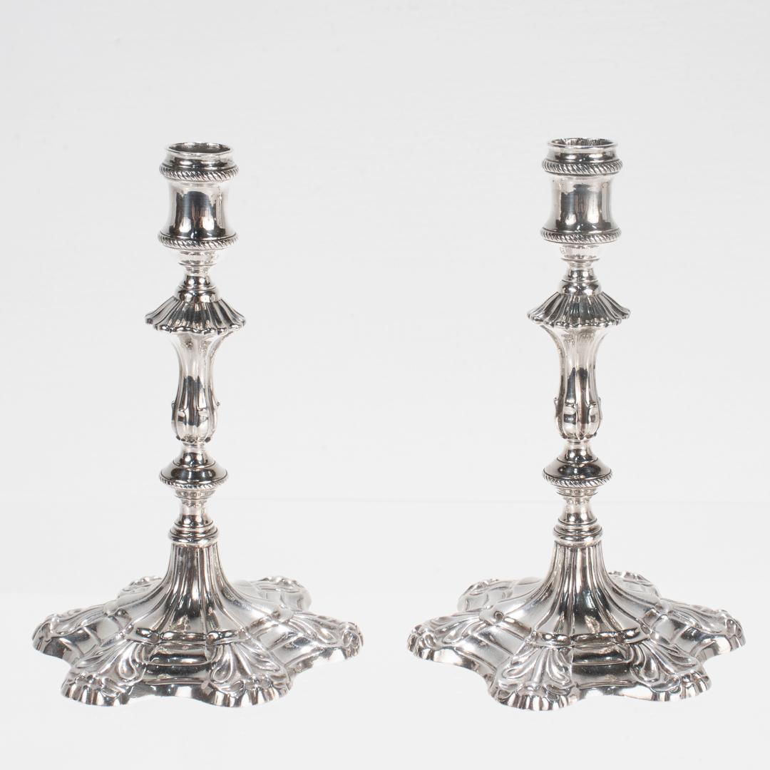 Pair of Antique George II Sterling Silver Taper Candlesticks by Ebenezer Coker For Sale 1