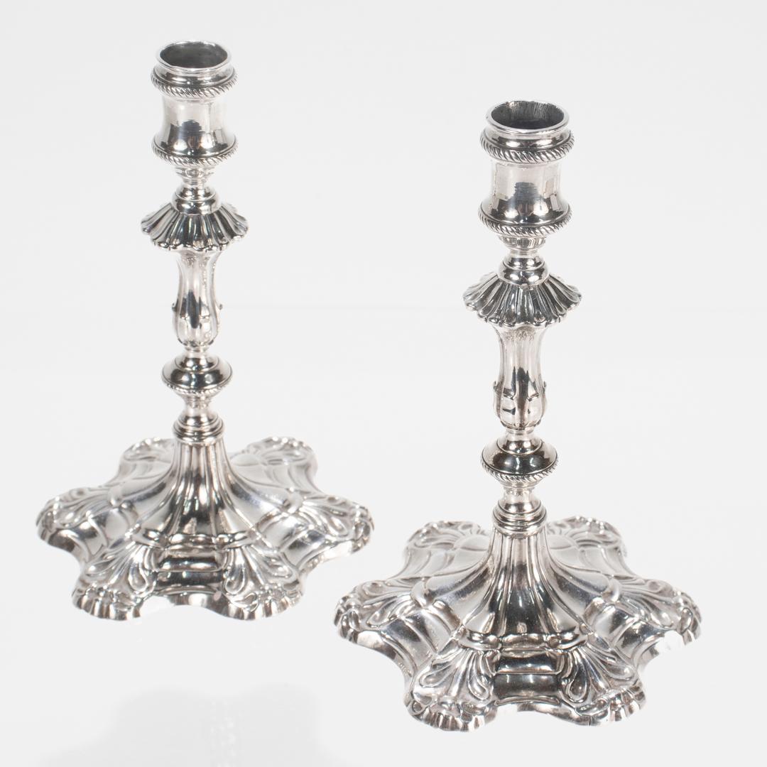 Pair of Antique George II Sterling Silver Taper Candlesticks by Ebenezer Coker For Sale 2