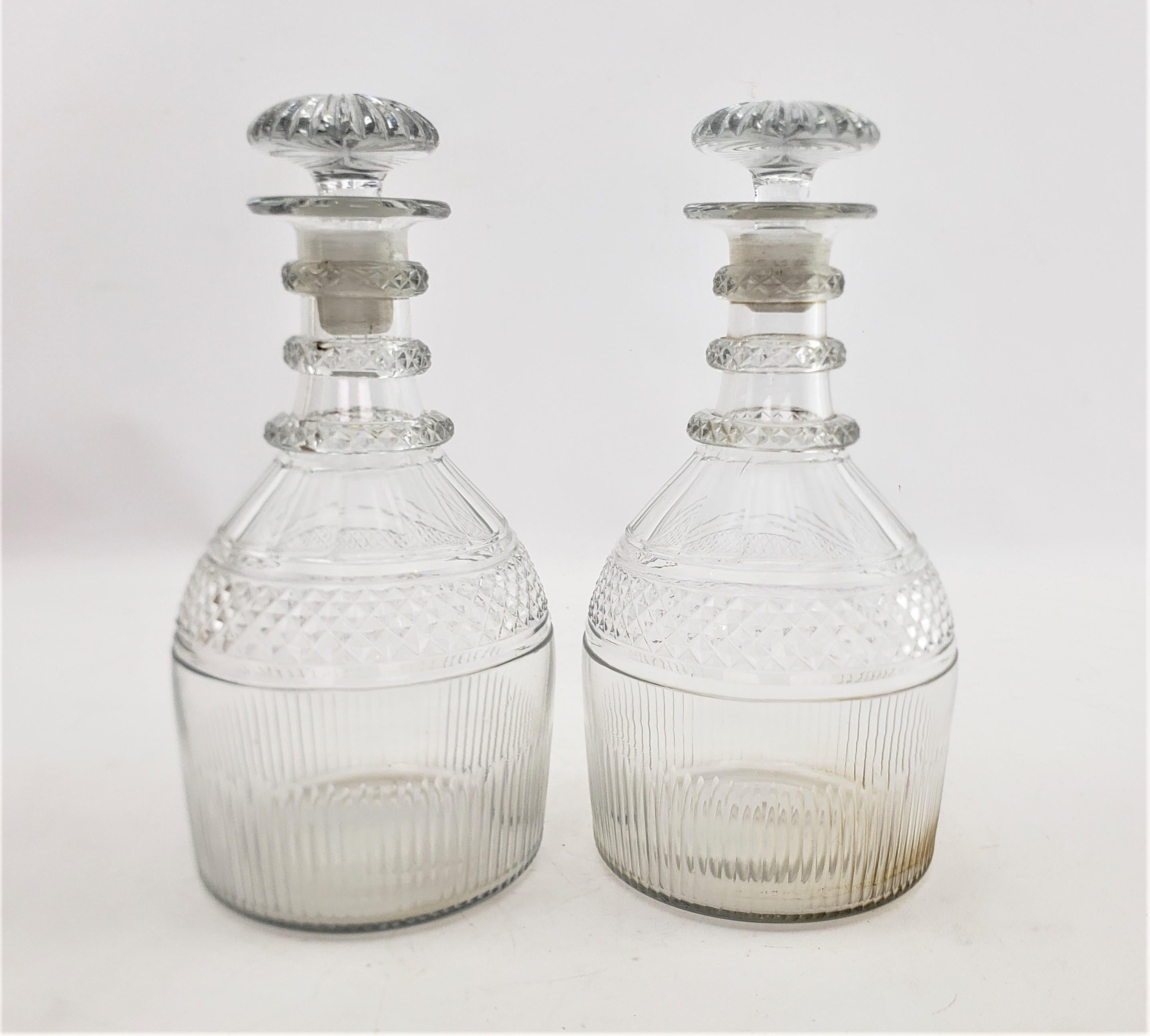 19th Century Pair of Antique George III Glass Decanters with 3 Neck Rings & Mushroom Stoppers For Sale
