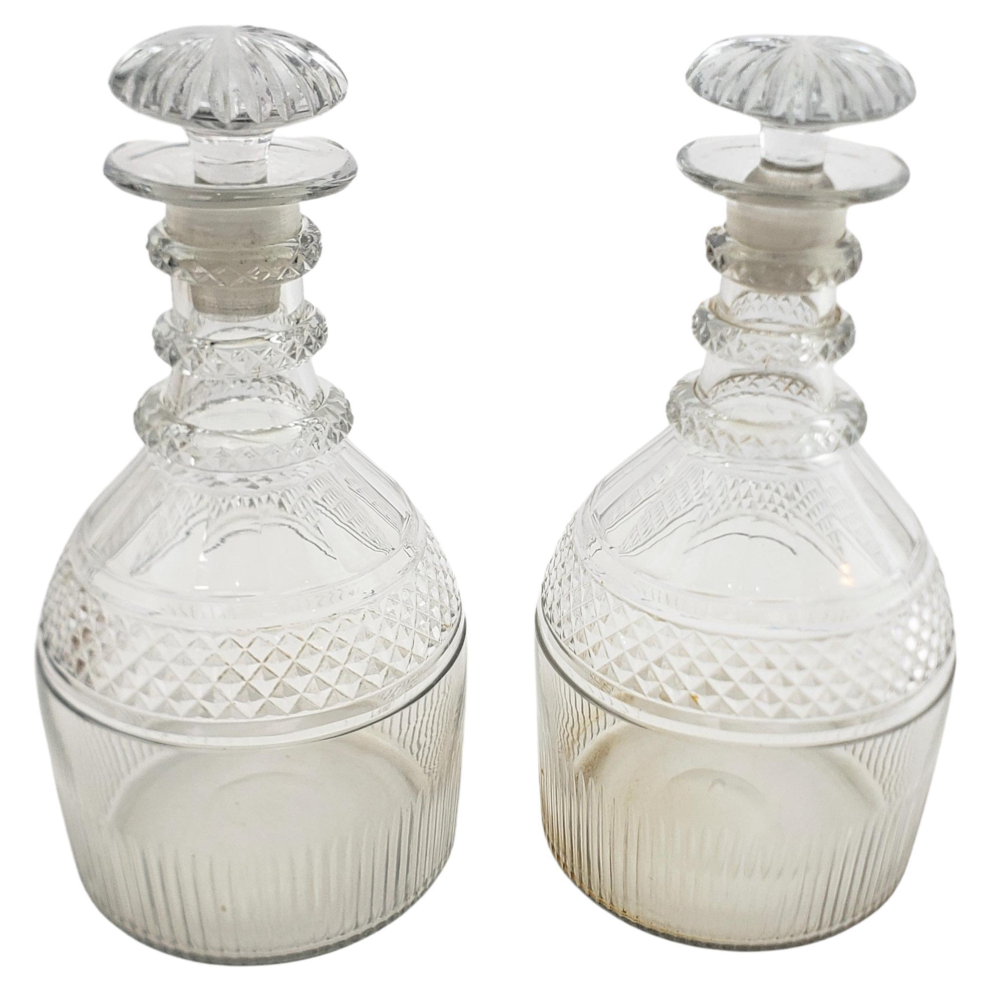 Pair of Antique George III Glass Decanters with 3 Neck Rings & Mushroom Stoppers