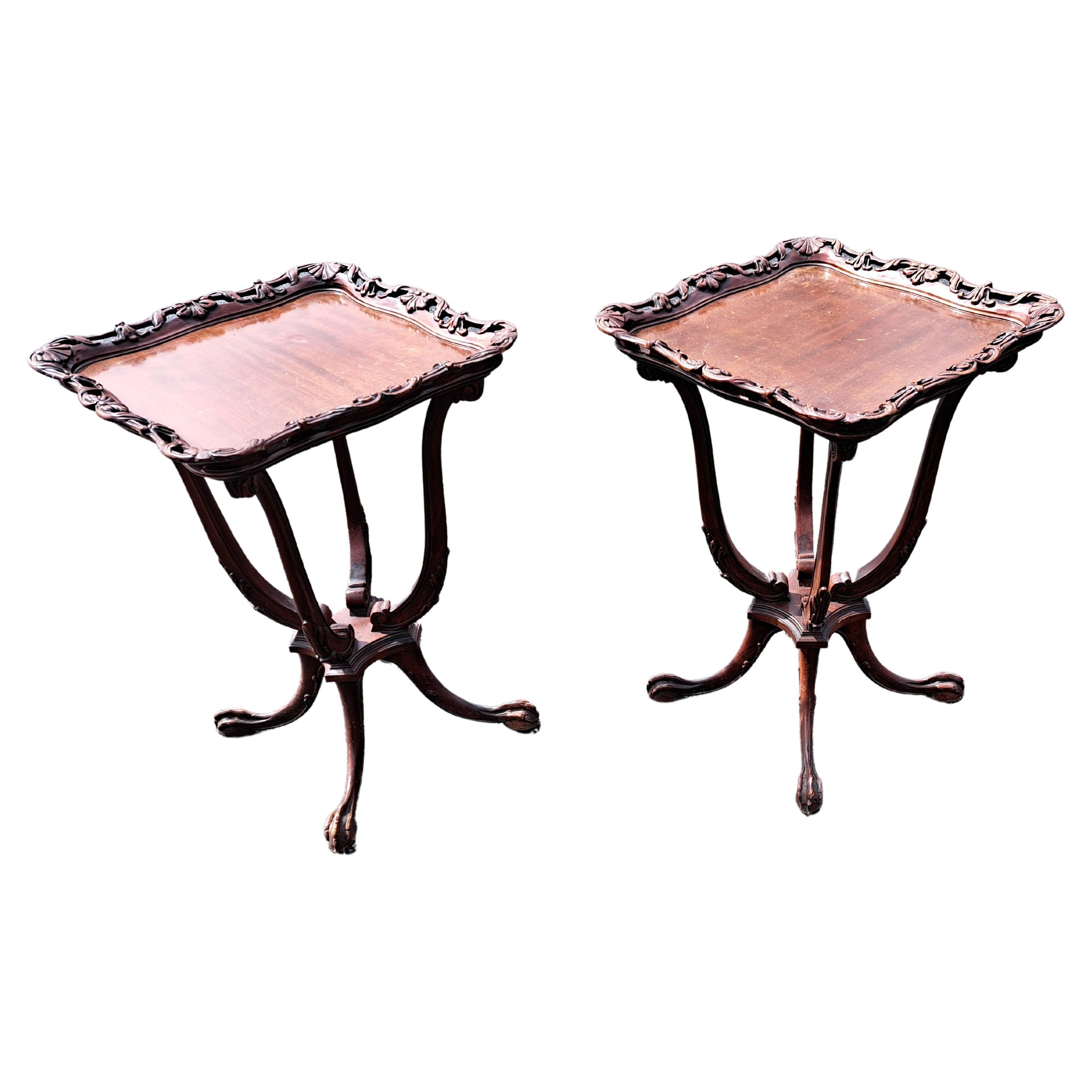 Pair of Antique George III Style Carved Mahogany Paw Feet Side Tables For Sale