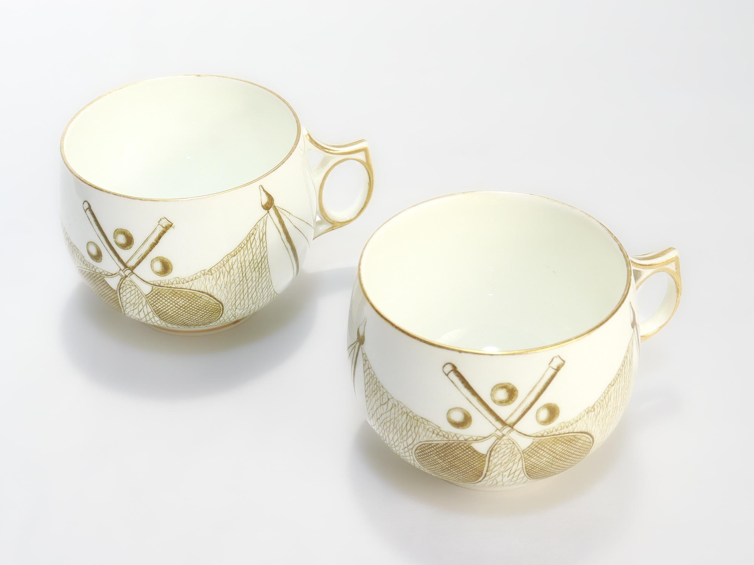 Pair of Antique George Jones & Sons Porcelain Tennis-themed Tea Cups & Saucers For Sale 4