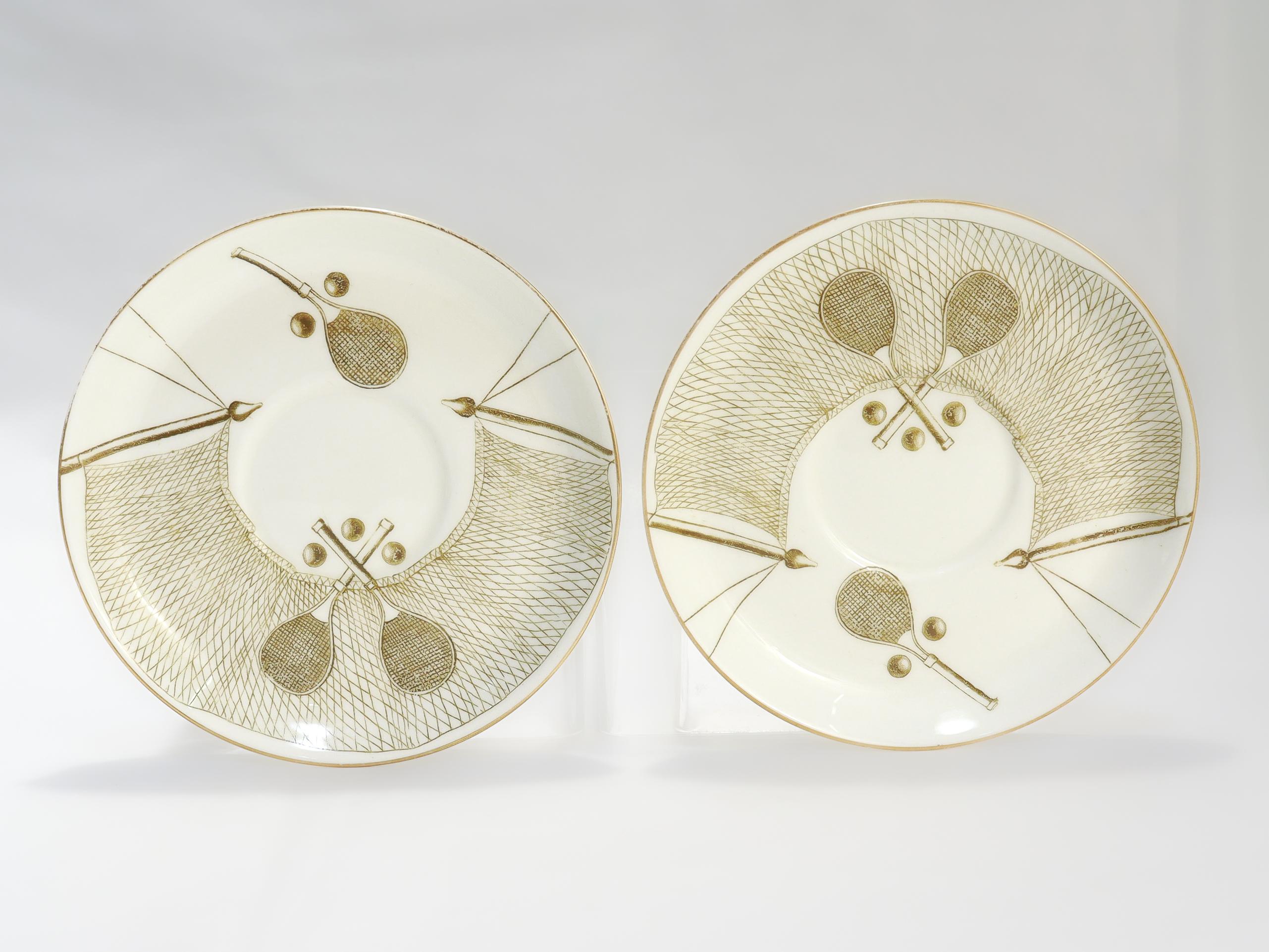 Pair of Antique George Jones & Sons Porcelain Tennis-themed Tea Cups & Saucers For Sale 10