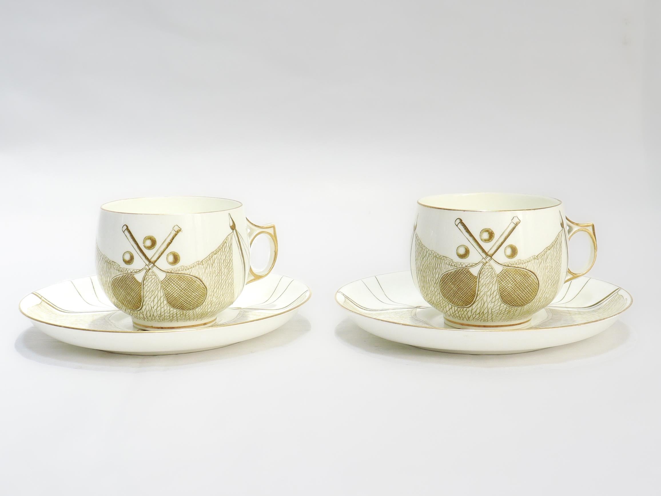 Pair of Antique George Jones & Sons Porcelain Tennis-themed Tea Cups & Saucers In Good Condition For Sale In Philadelphia, PA