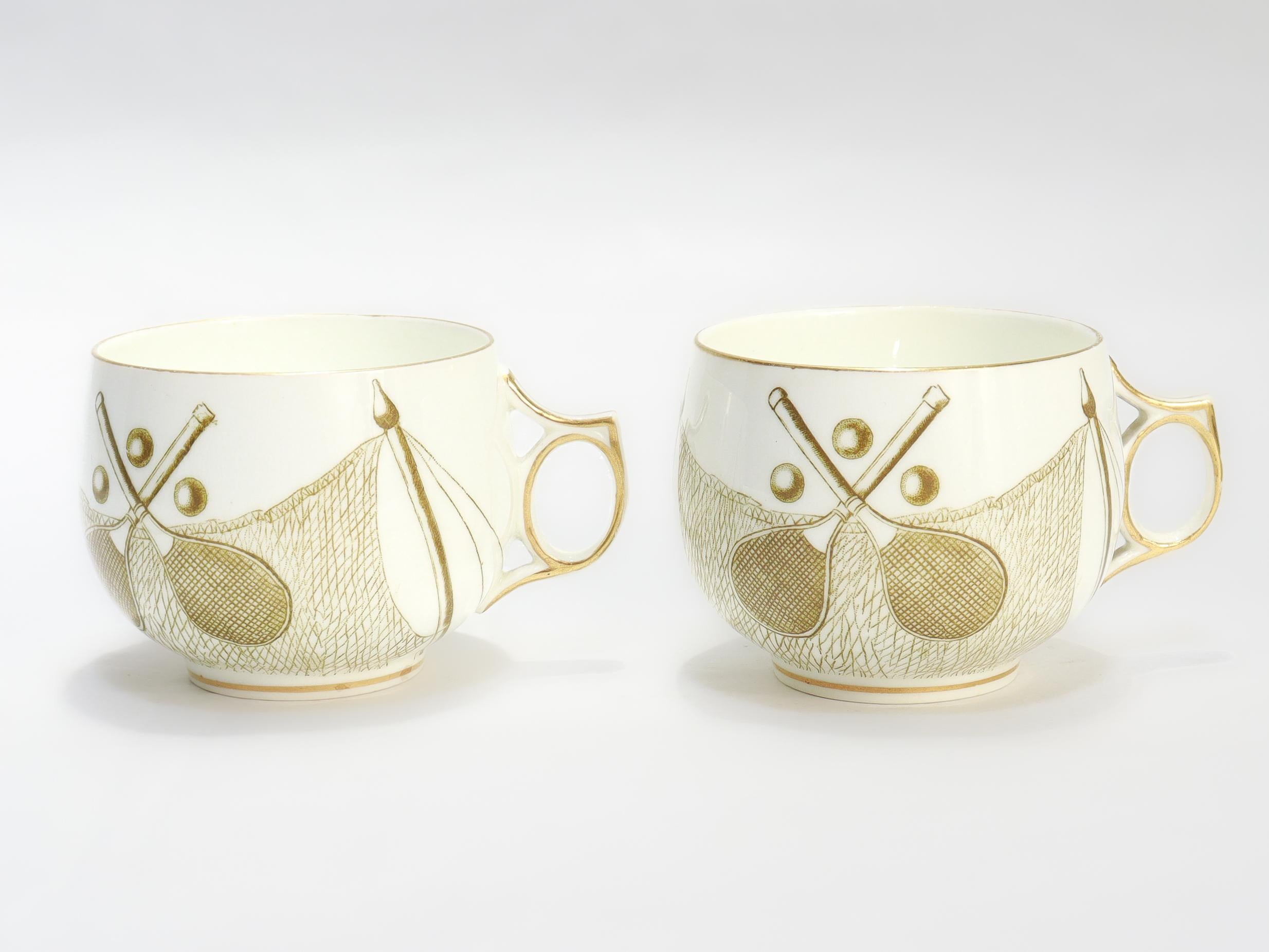 20th Century Pair of Antique George Jones & Sons Porcelain Tennis-themed Tea Cups & Saucers For Sale