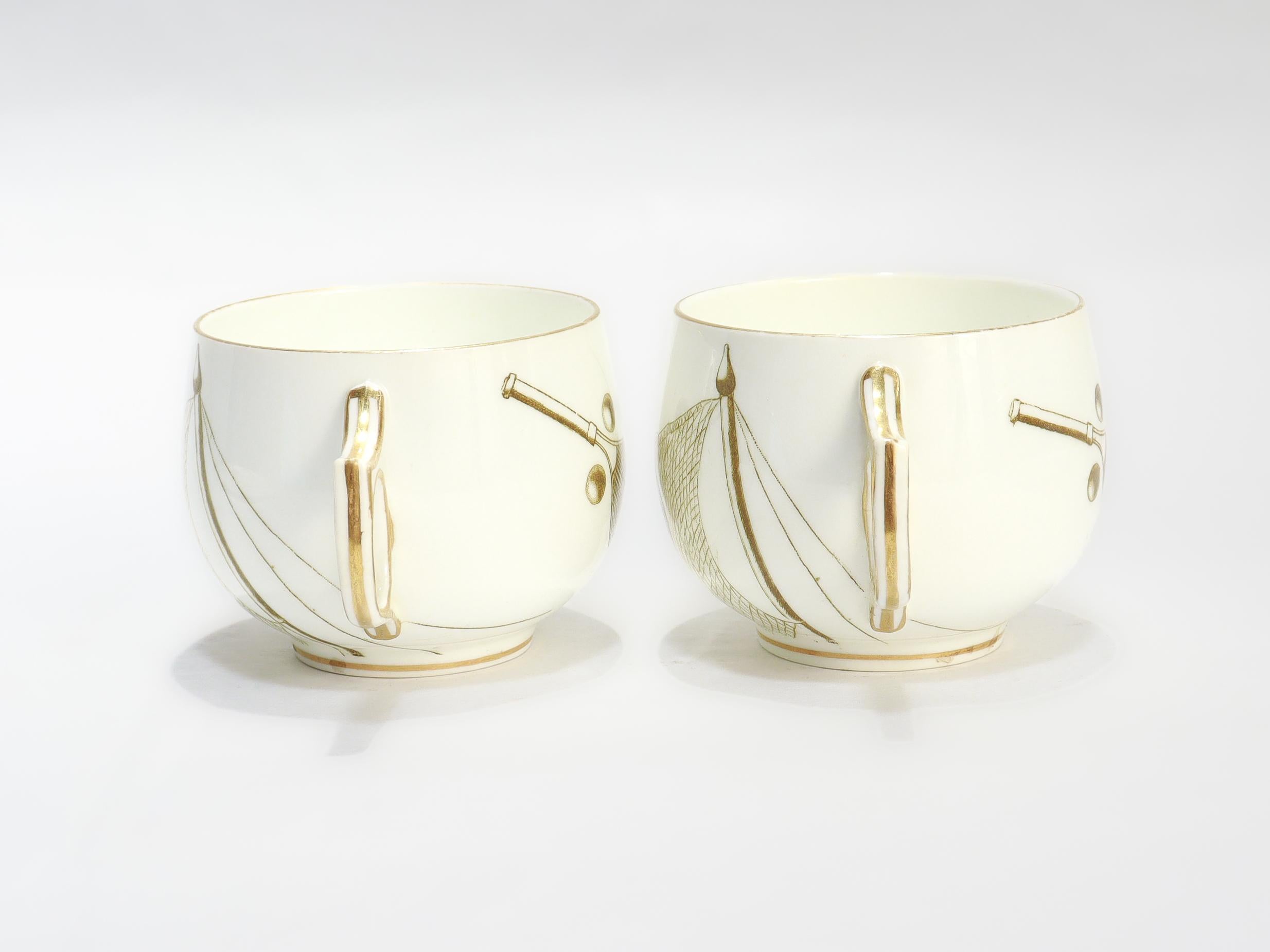 Pair of Antique George Jones & Sons Porcelain Tennis-themed Tea Cups & Saucers For Sale 1