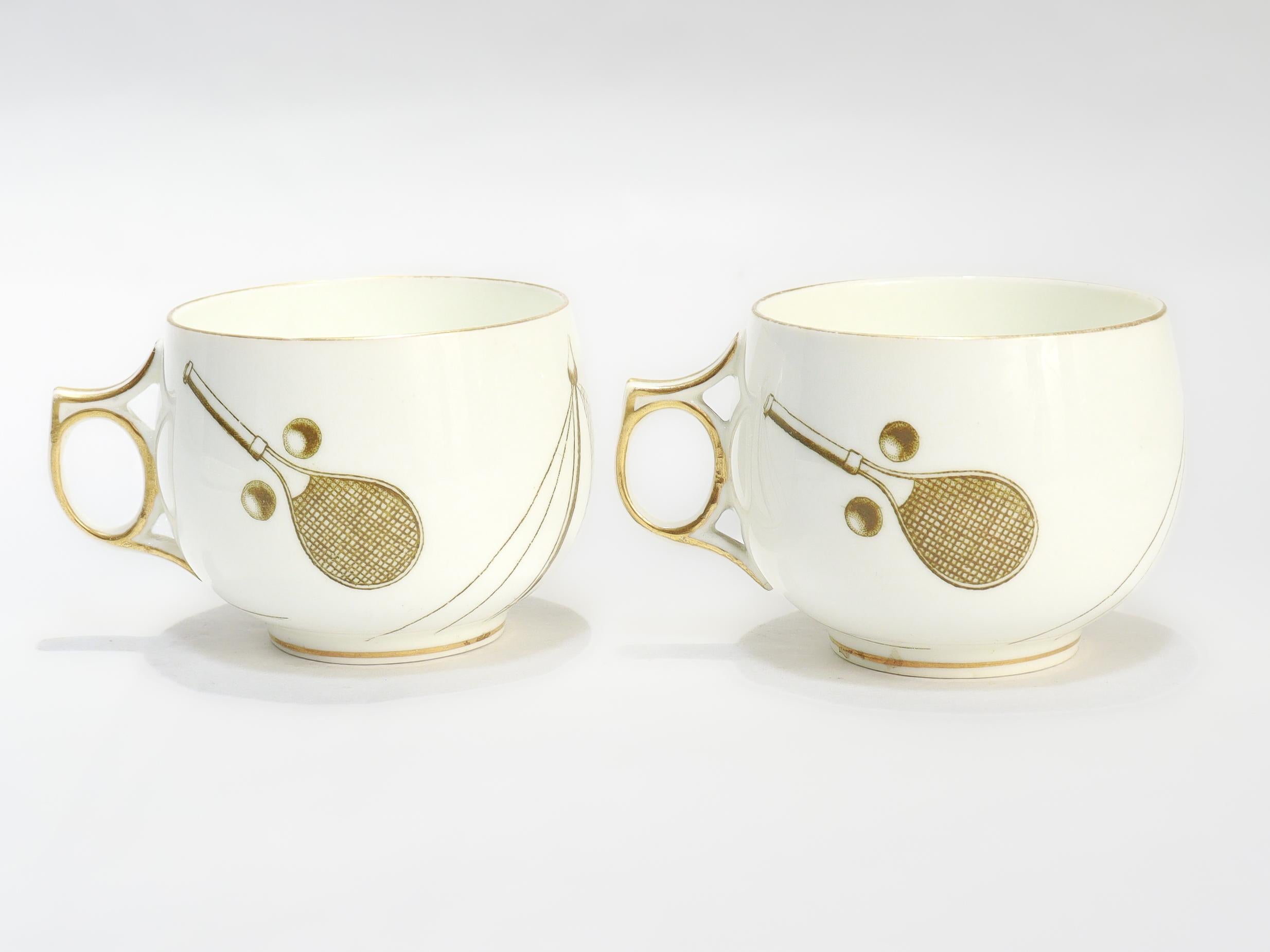 Pair of Antique George Jones & Sons Porcelain Tennis-themed Tea Cups & Saucers For Sale 2