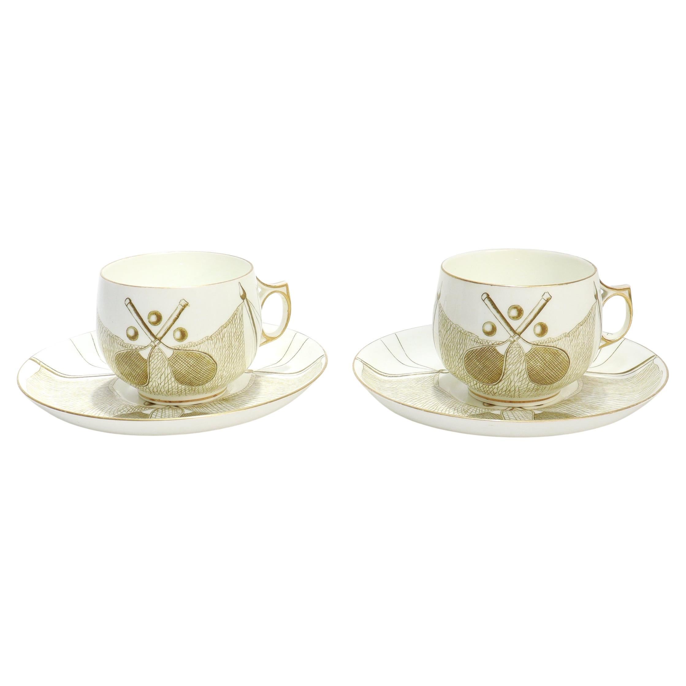 Pair of Antique George Jones & Sons Porcelain Tennis-themed Tea Cups & Saucers For Sale