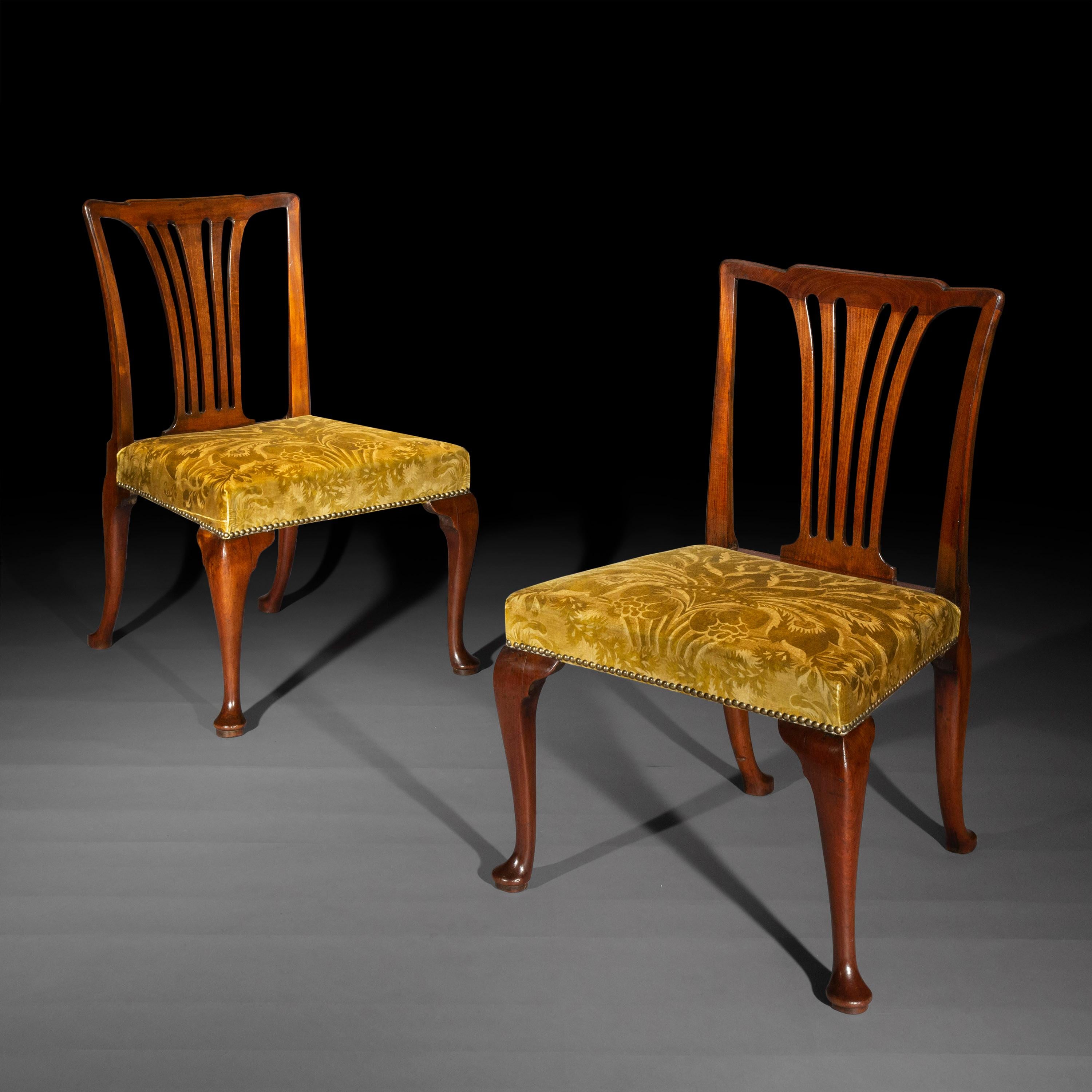 An unusual pair of early 18th century side chairs chairs, attributed to Giles Grendey.
England, circa 1735.

Why we like them 
An incredibly rare and good looking model. No decoration interferes with its sleek, Minimalist design; the almost