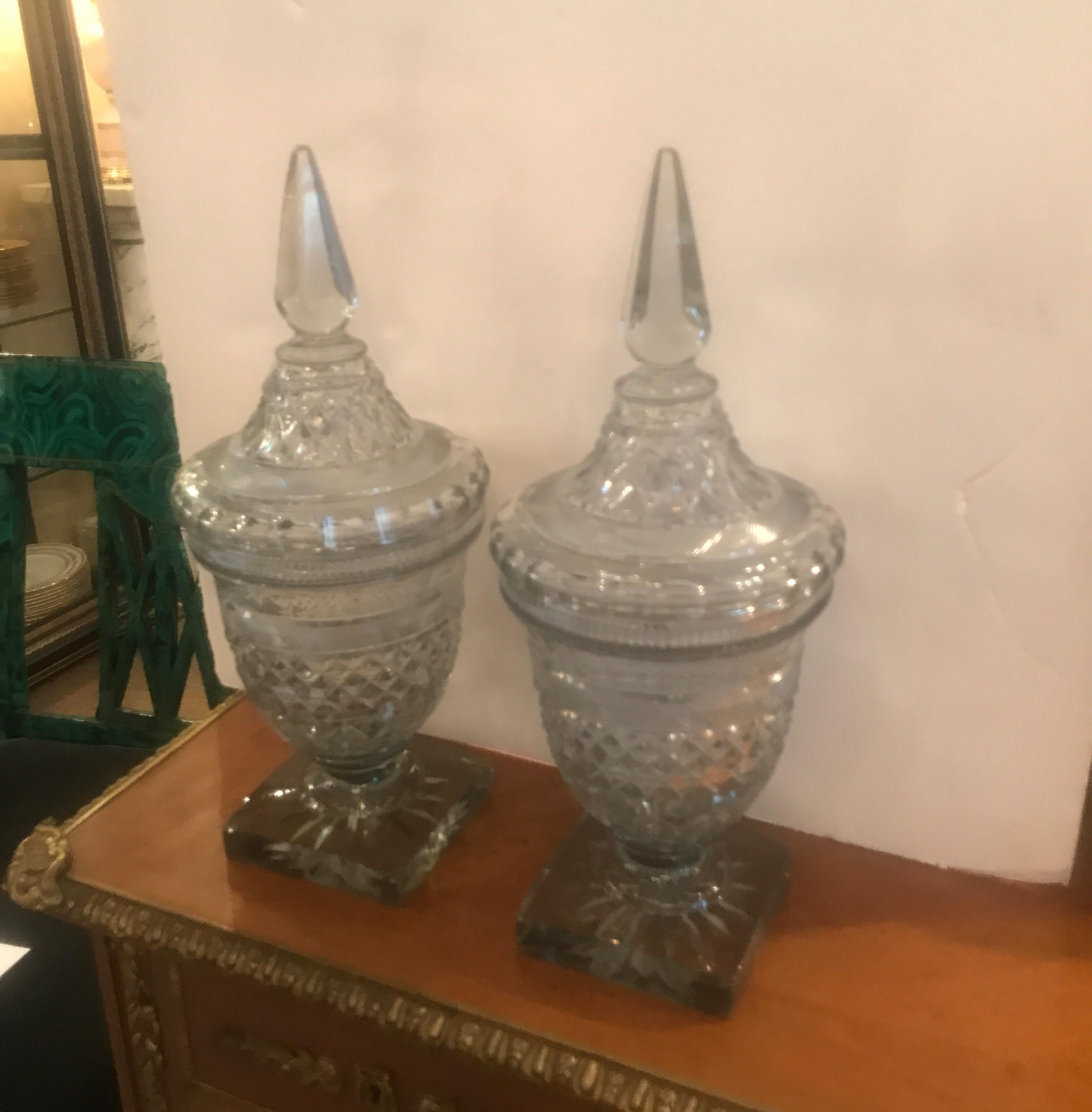 English Pair of Antique Georgian Cut Glass Urns Jars