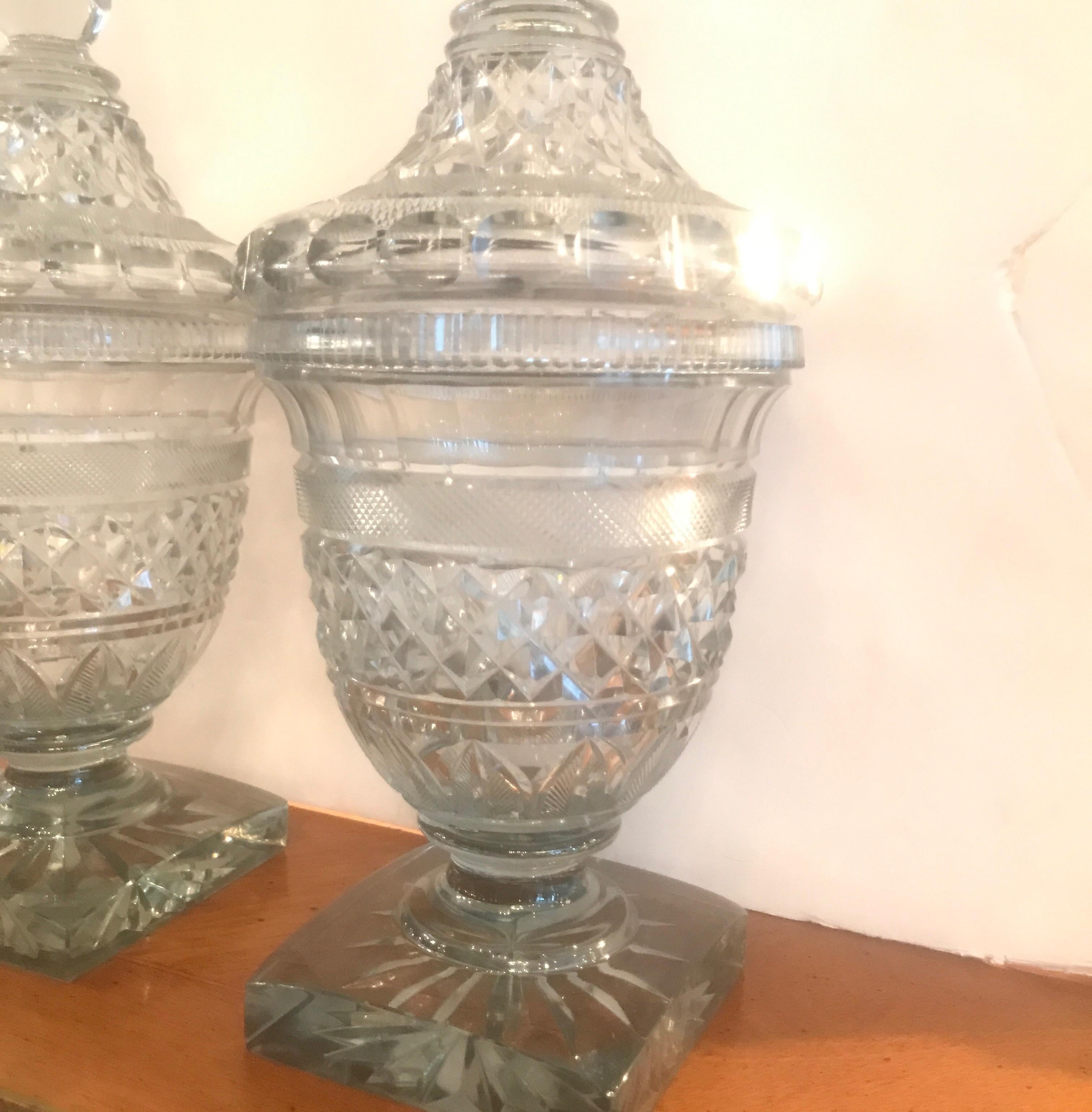 19th Century Pair of Antique Georgian Cut Glass Urns Jars