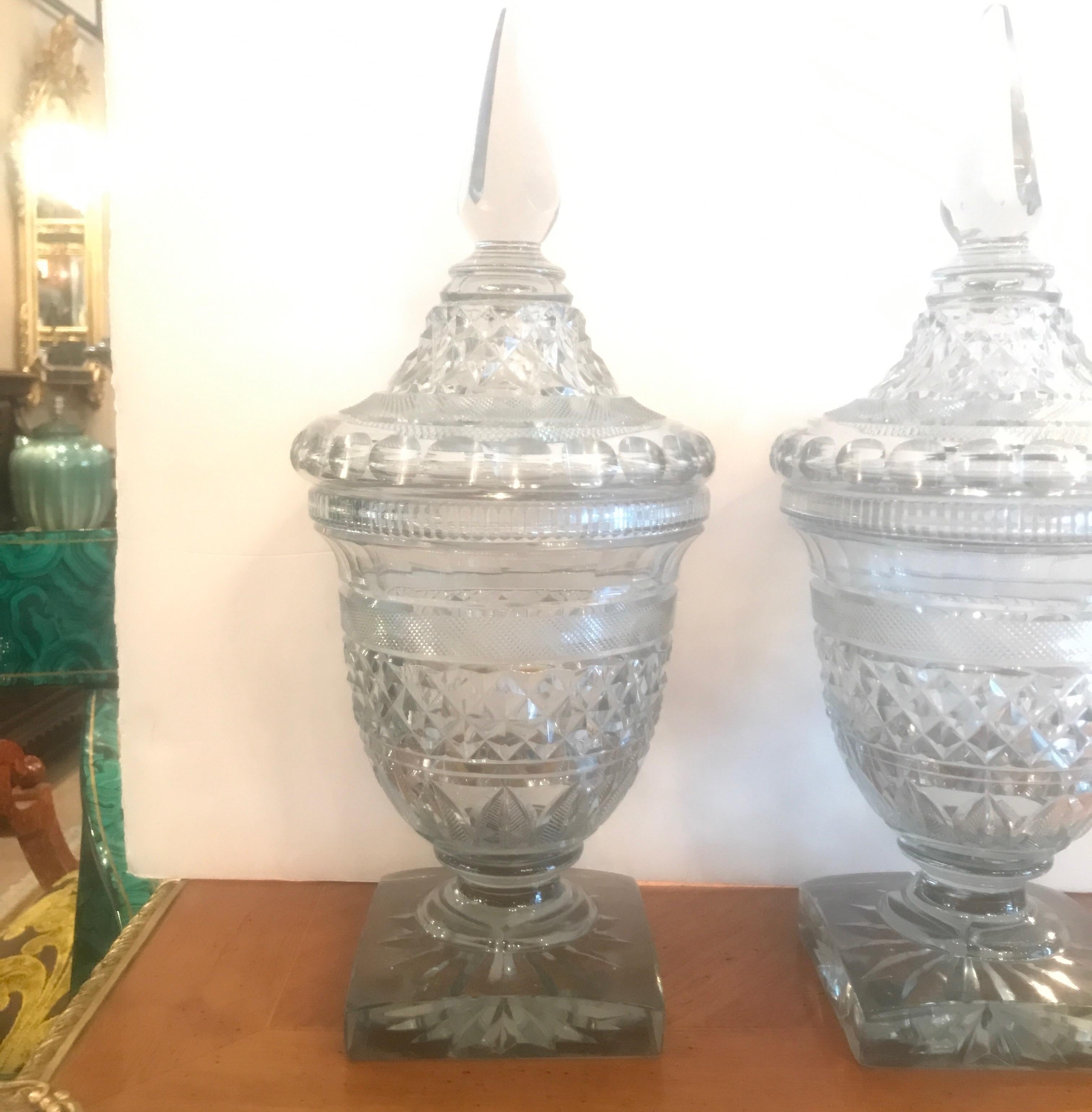 Pair of Antique Georgian Cut Glass Urns Jars 1