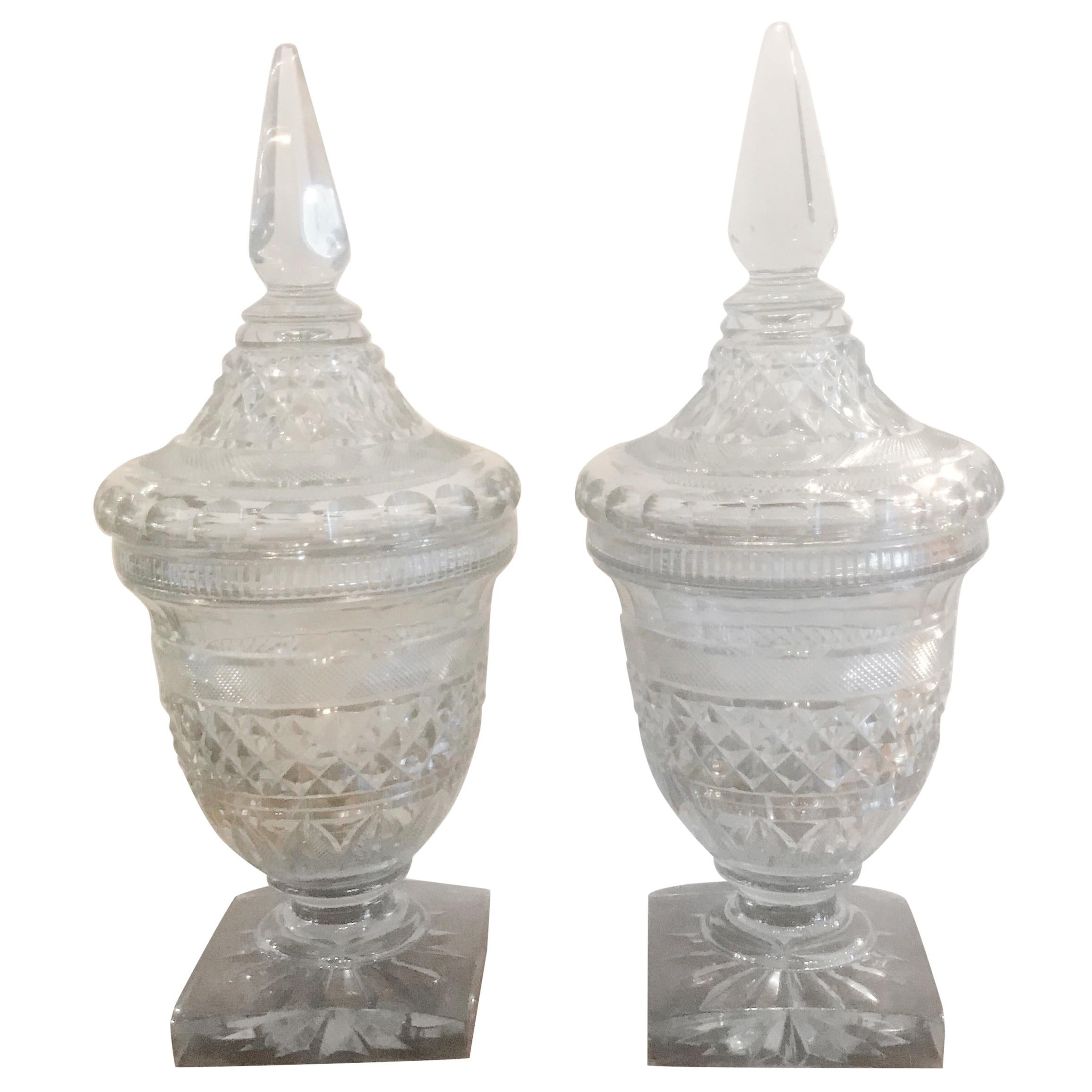 Pair of Antique Georgian Cut Glass Urns Jars
