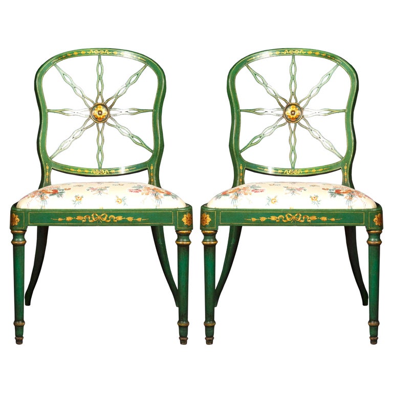 Pair of Antique Green Painted Chairs For Sale at 1stDibs