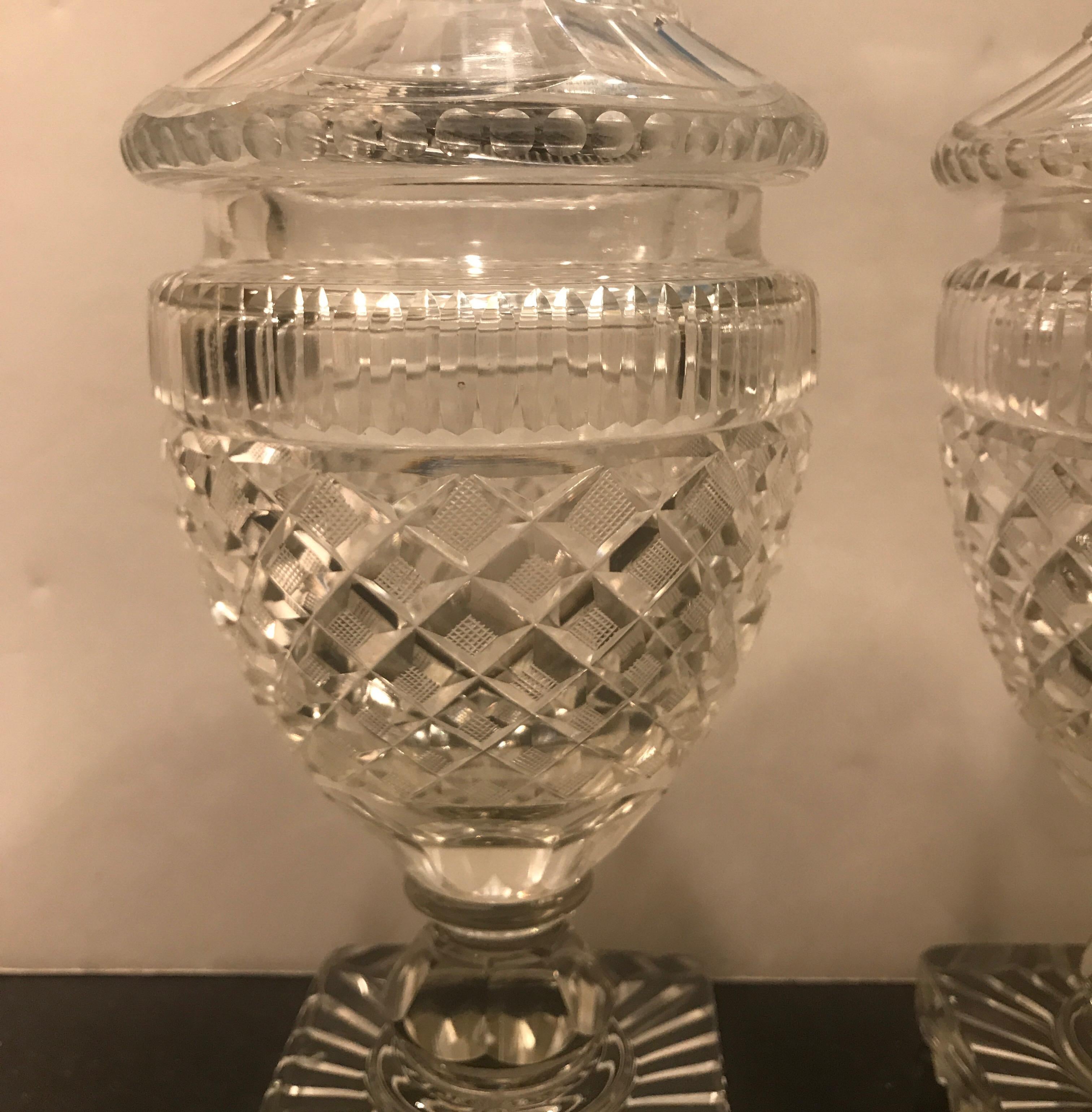 Early 19th Century Pair of Antique Georgian Period Cut Glass Sweet Meat Urns, circa 1820