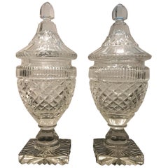 Pair of Antique Georgian Period Cut Glass Sweet Meat Urns, circa 1820