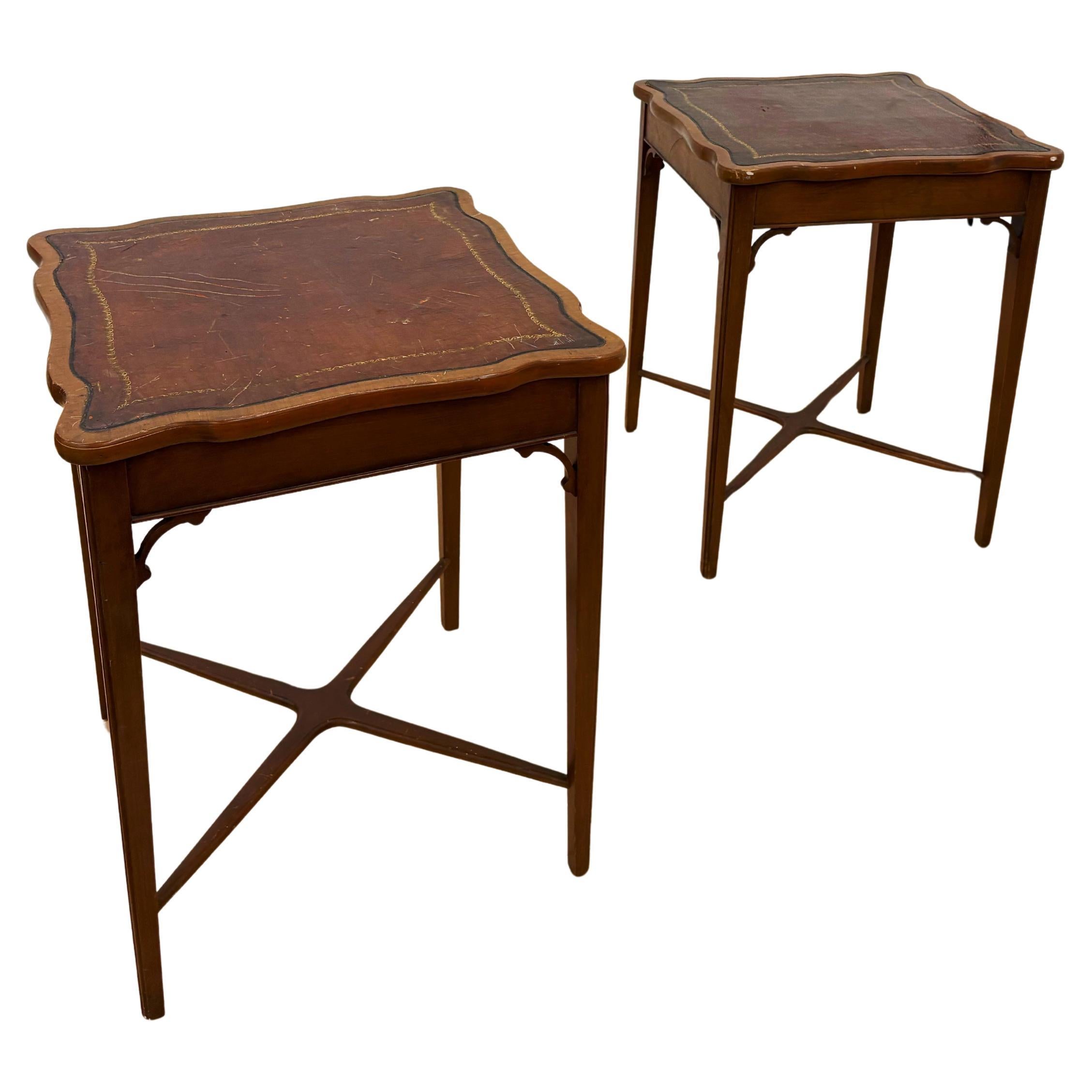 Pair of Antique Georgian Revival Mahogany Leather-Top Nightstands For Sale