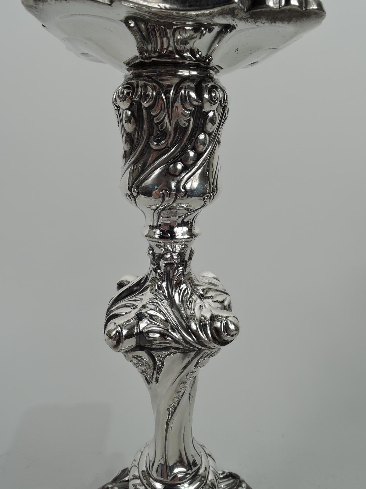 American Pair of Antique Georgian Rococo Sterling Silver Candlesticks by Dominick & Haff For Sale