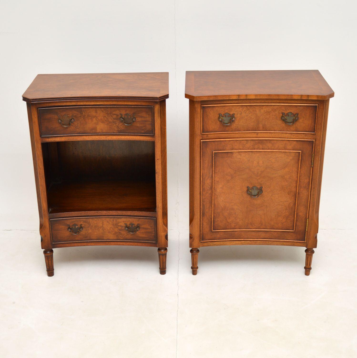 A smart and stylish matched pair of concave bedside cabinets in burr walnut. These are in the antique Georgian style, they date from around the 1930’s.

The quality is fantastic, they have gorgeous burr walnut veneers and a beautiful warm colour