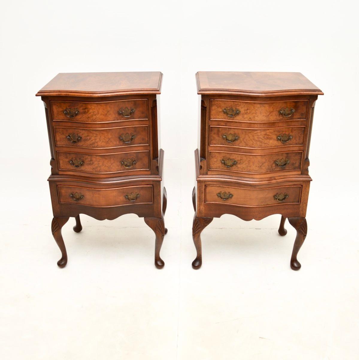 A lovely pair of antique Georgian style burr walnut bedside chests. They were made in England, and date from around the 1930’s.

The quality is superb, they have a gorgeous design with serpentine shaped fronts, grooved canted front edges and