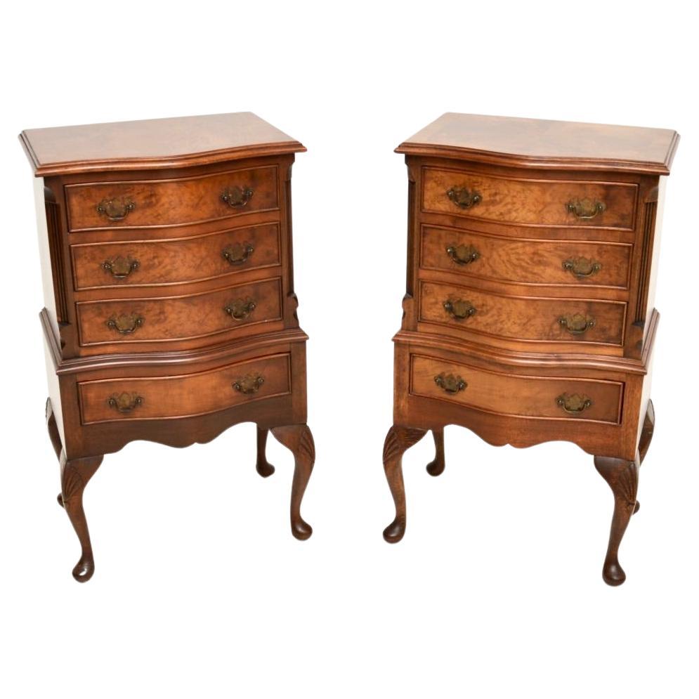 Pair of Antique Georgian Style Burr Walnut Bedside Chests For Sale