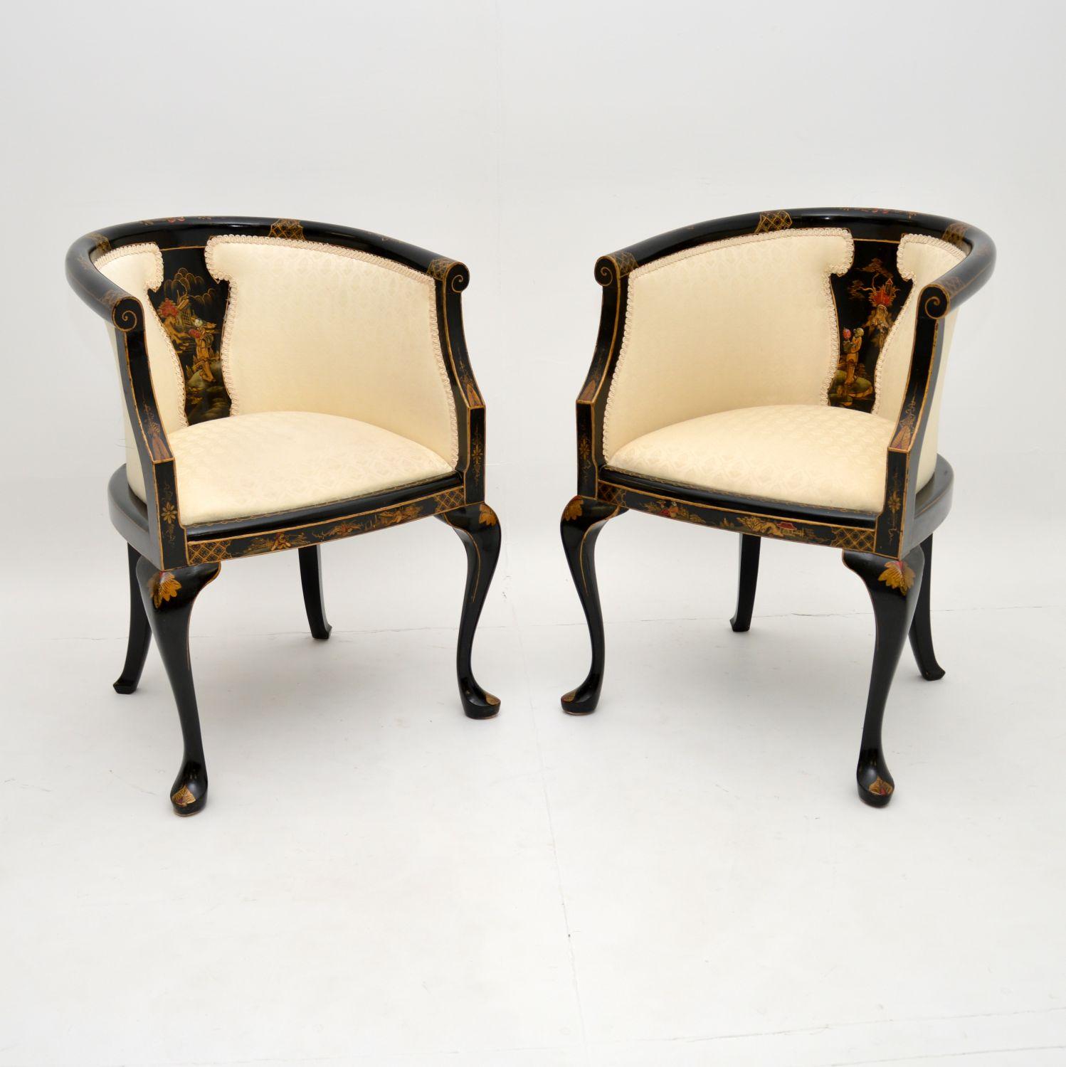 A gorgeous pair of antique lacquered chinoiserie tub armchairs. These were made in England & they date from the 1920’s period.

The quality is amazing, these are very well built and sturdy. They have stunning lacquered chinoiserie designs