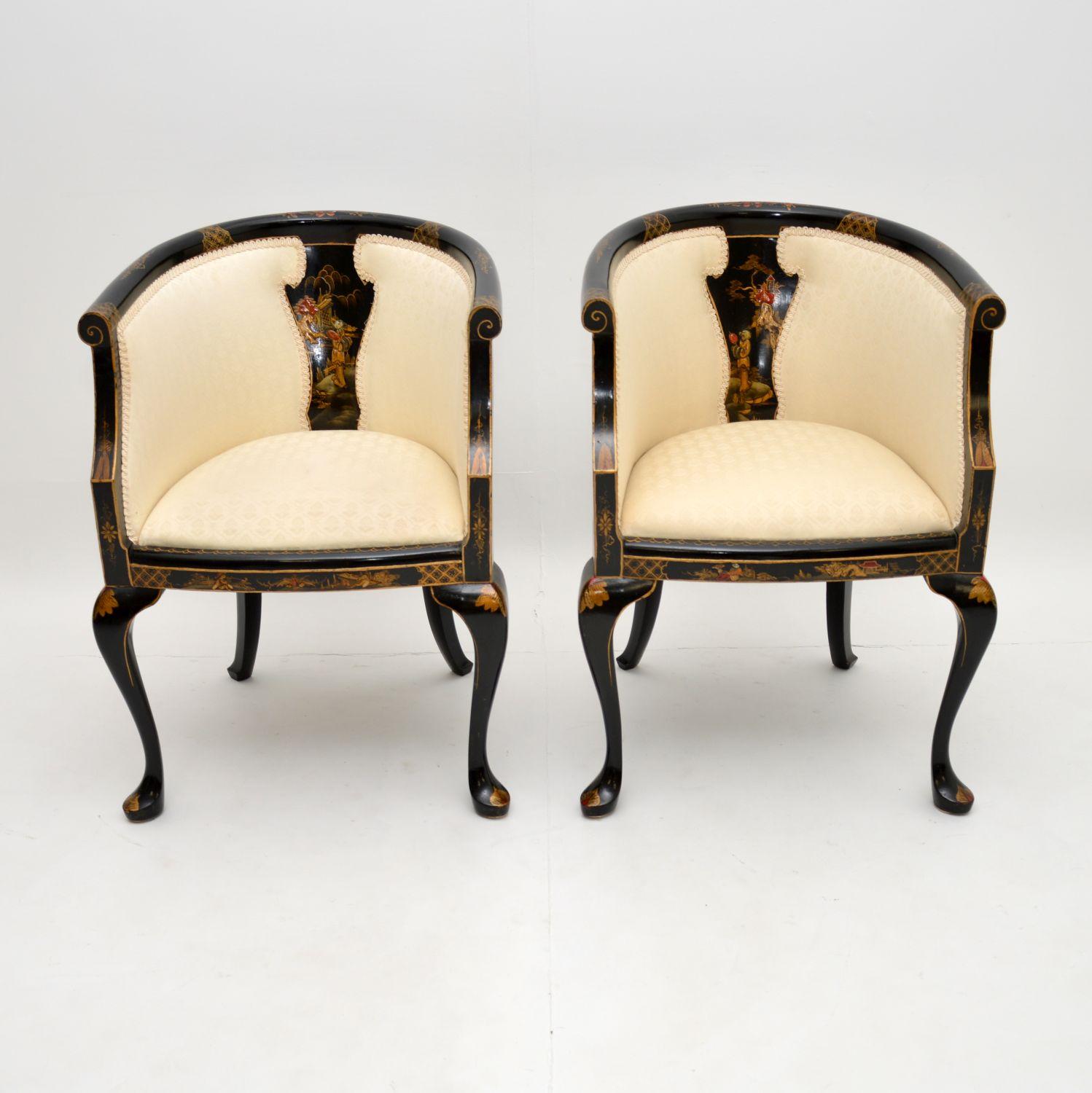 English Pair of Antique Georgian Style Chinoiserie Tub Chairs