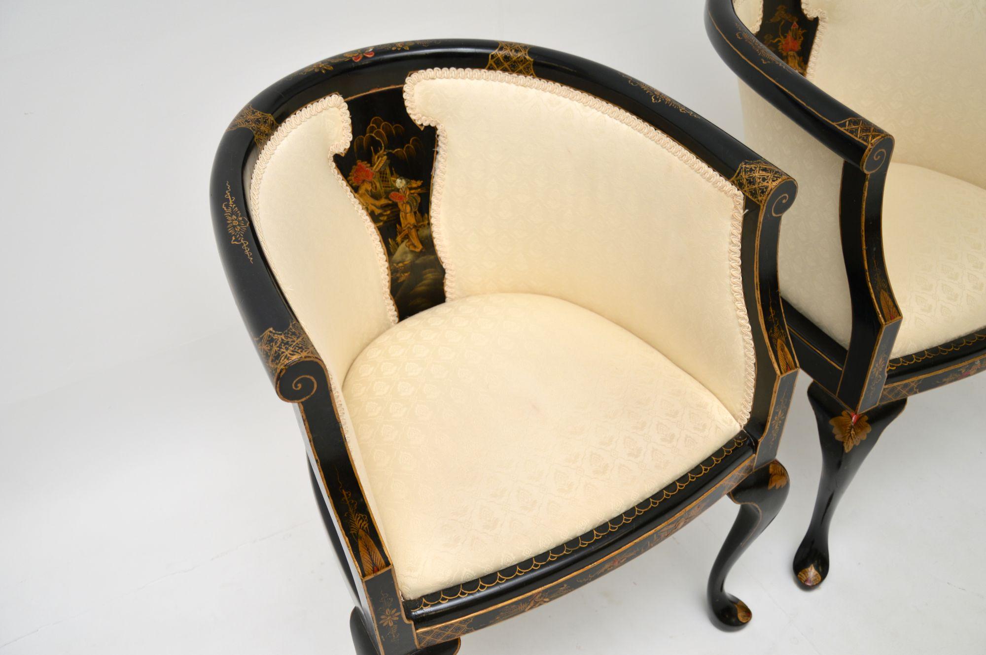 20th Century Pair of Antique Georgian Style Chinoiserie Tub Chairs