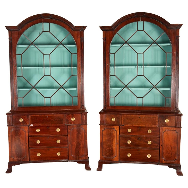 Pair Of Antique Georgian Style English, Antique Secretary Bookcase Cabinet