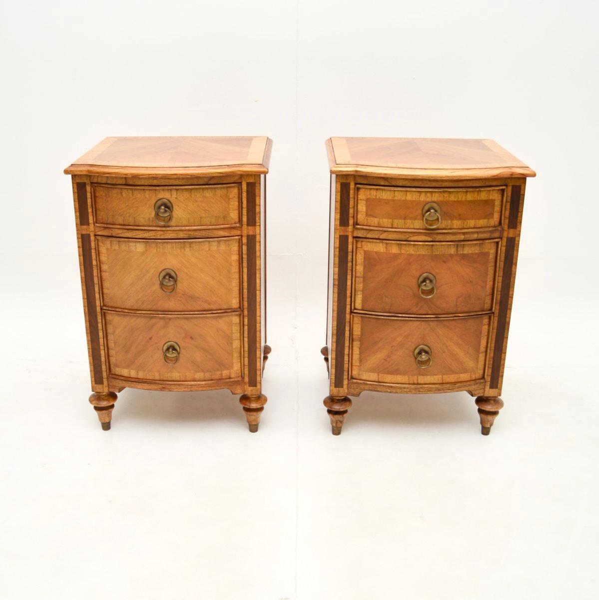 A smart and extremely well made pair of antique Georgian style inlaid walnut bedside chests. They were made in England, they date from around the 1950’s.

The quality is outstanding, they are very solidly built and are a very useful size. They have