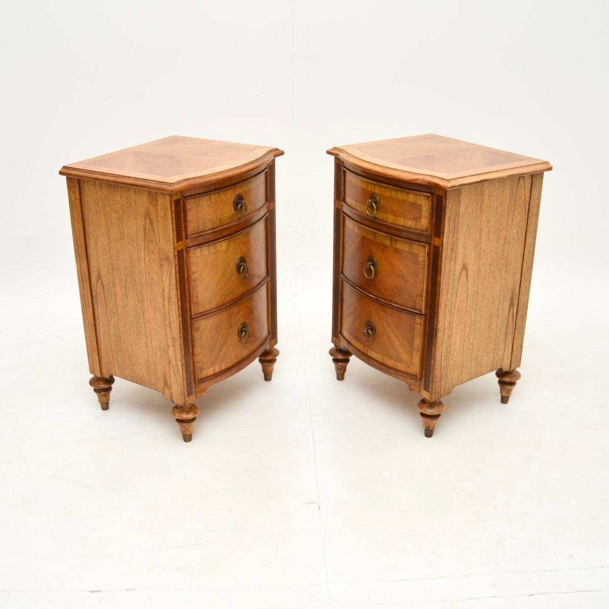 British Pair of Antique Georgian Style Inlaid Walnut Bedside Chests