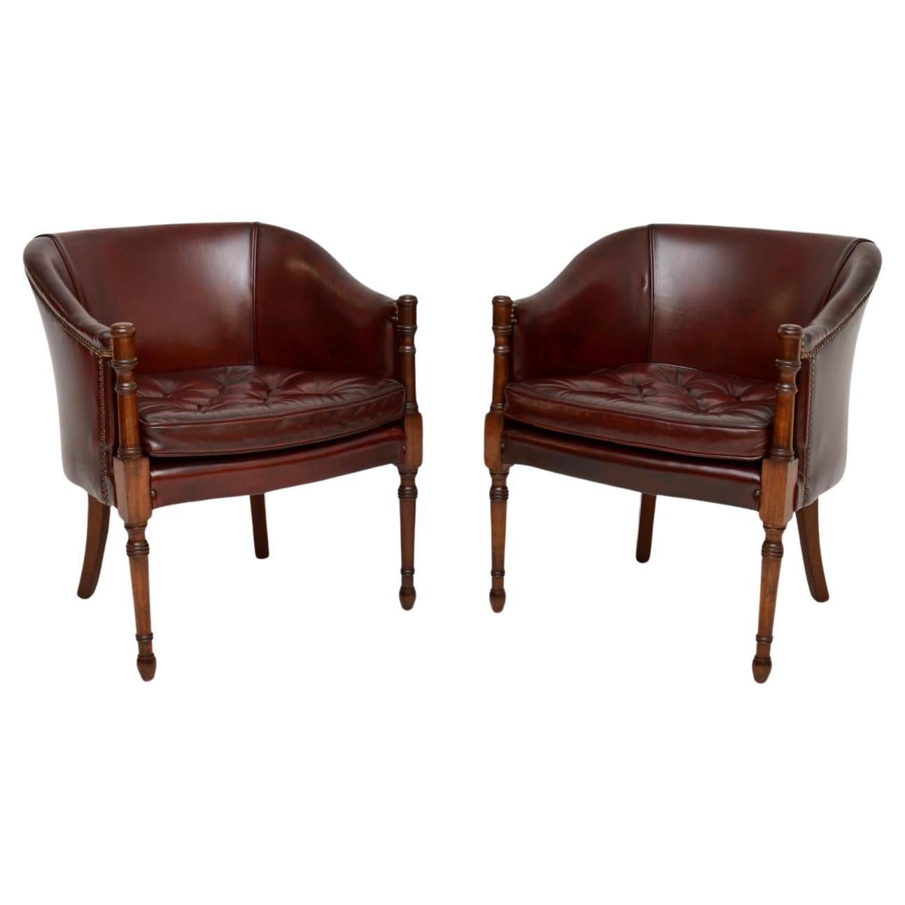 Pair of Antique Georgian Style Leather Armchairs For Sale